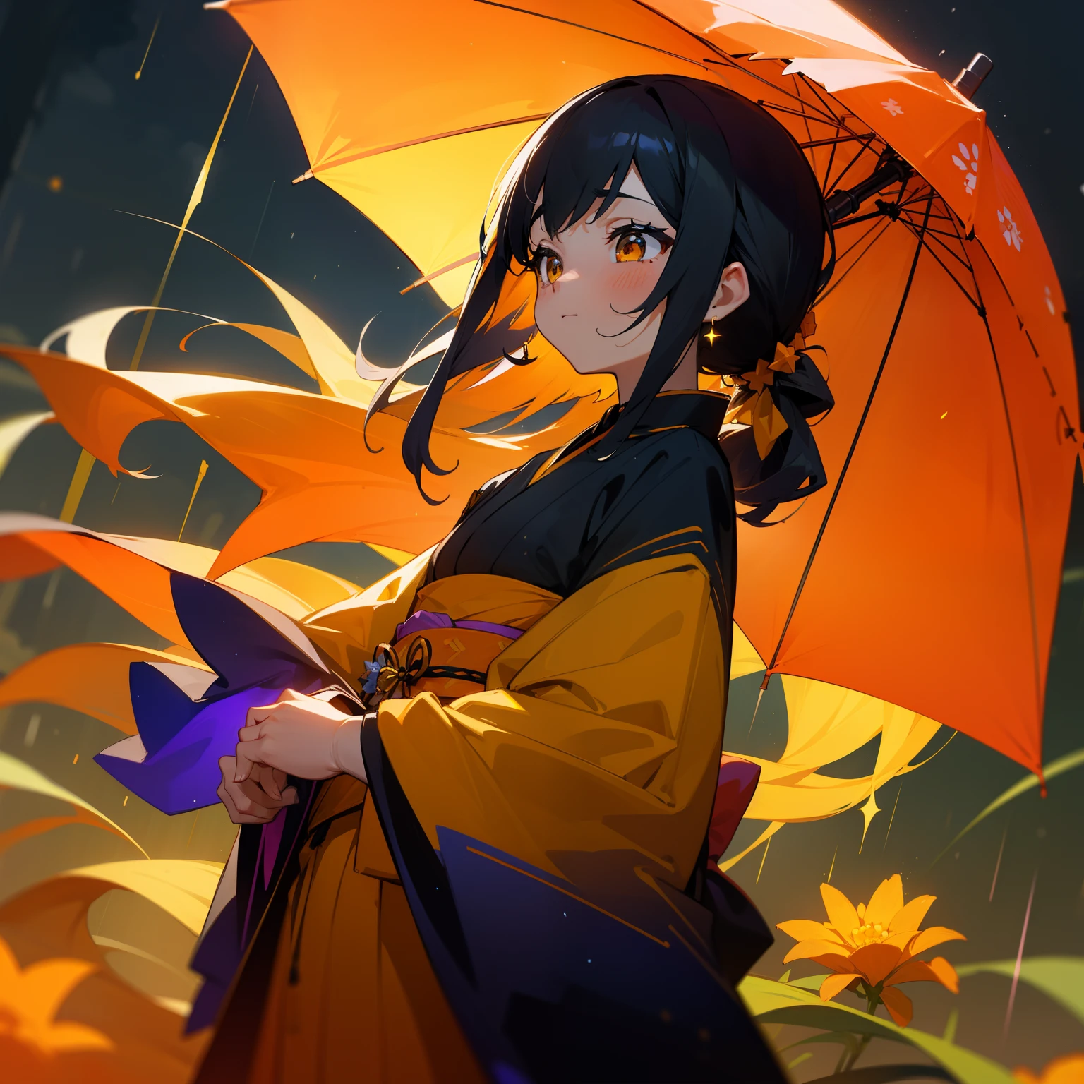 Under the beautiful and aesthetic night sky、While Starry Ski sparkles、One girl stood。Her hair is in a colorful color scheme of black and orange、She was wearing a colorful orange and yellow kimono.。Orange and yellow marigolds bloom around her、The pomp stood out even in the night。however、There was sadness on her face.、The rain was wetting her cheeks。The contrast between her and the marigold、It created an even more fantastic atmosphere in the night.。