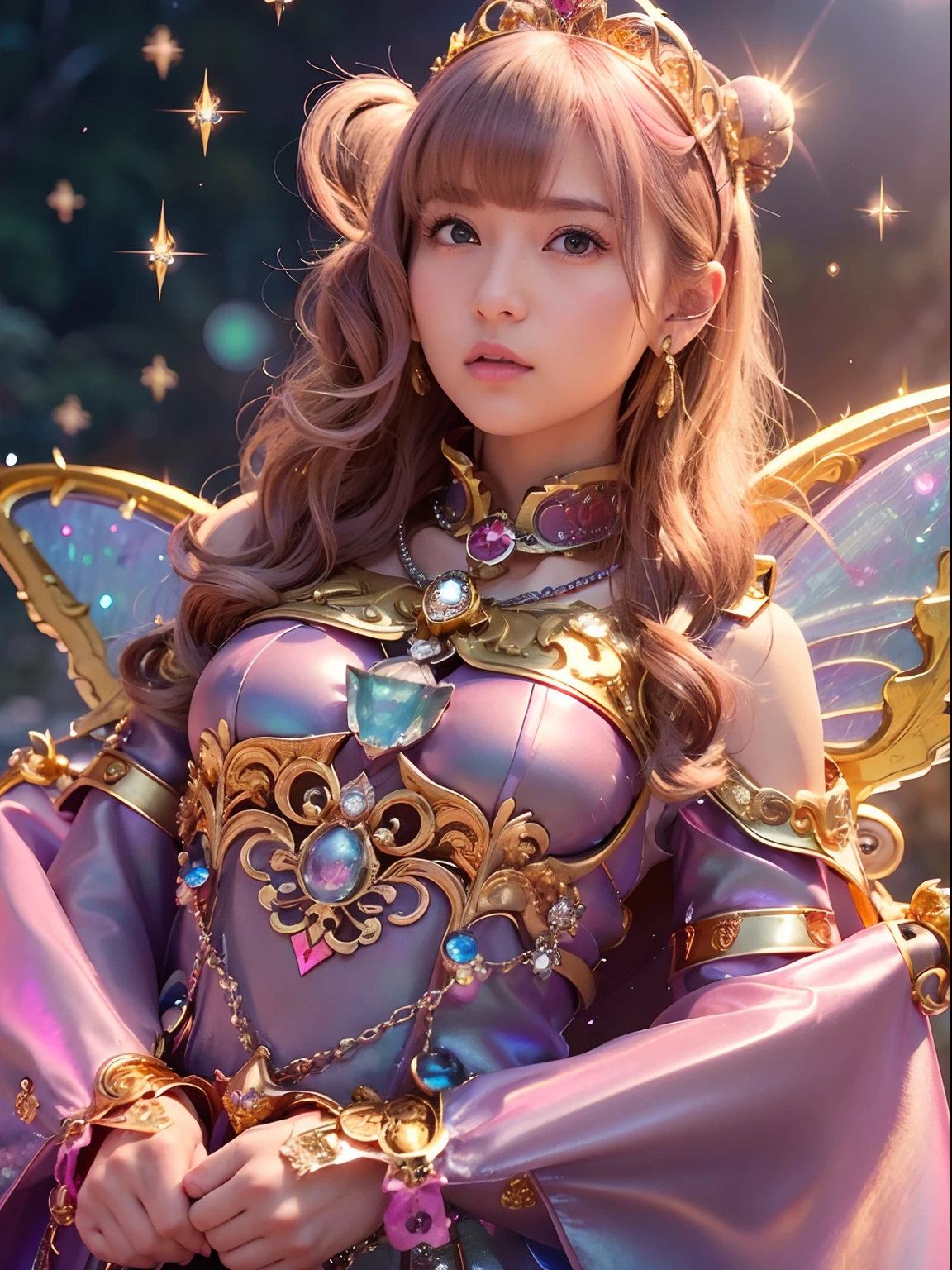 (masutepiece), Professional , ​masterpiece、top-quality、photos realistic , depth of fields （Gemstone Silver Metal Body:1.９),(Matte Pink、Jewel Gold Weapon、（Gorgeous castle background）、（ultimate beauty girl）、（Iridescent fairy wings grow on the back）、（Jewel Metal Body:1.９),Gorgeous Jewel Metal Weapons , Detailed Sword of the Brave ,（ a blond）   ,warhammer 40k , adepta sororitas,Detail and ornate jewel crown、独奏、Brown hair、（Gangle's forest background）、Beautiful Caucasian beauty、１a person、dynamic ungle,(((Diamond tiara with detail and luxury)))、a small face、Powerful poses、（Gorgeous castle background）、huge filesize、20 year old beautiful woman、Stand in the center of the screen、Thin female fingers、Straight long hair、Beautiful Caucasian beauty、（Valley）、Hair fluttering in the wind、face forwards、Look at viewers、