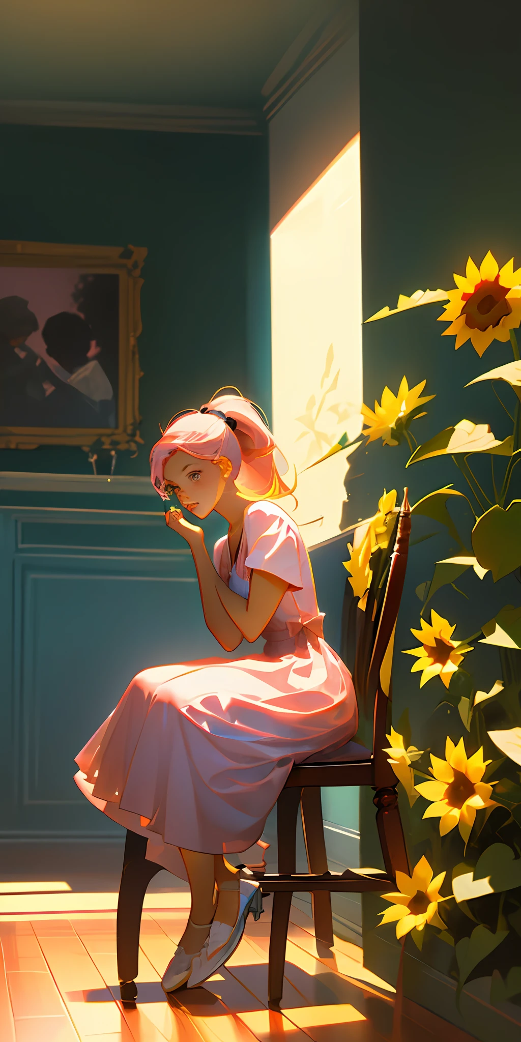 Double ponytail pink-haired girl,Wearing a pink dress,There is a bow hanging from it ,Sit on a dining room chair,Next to it is a bunch of sunflowers,There was a boy opposite ,The boy wears a white T-shirt,Look at the girl