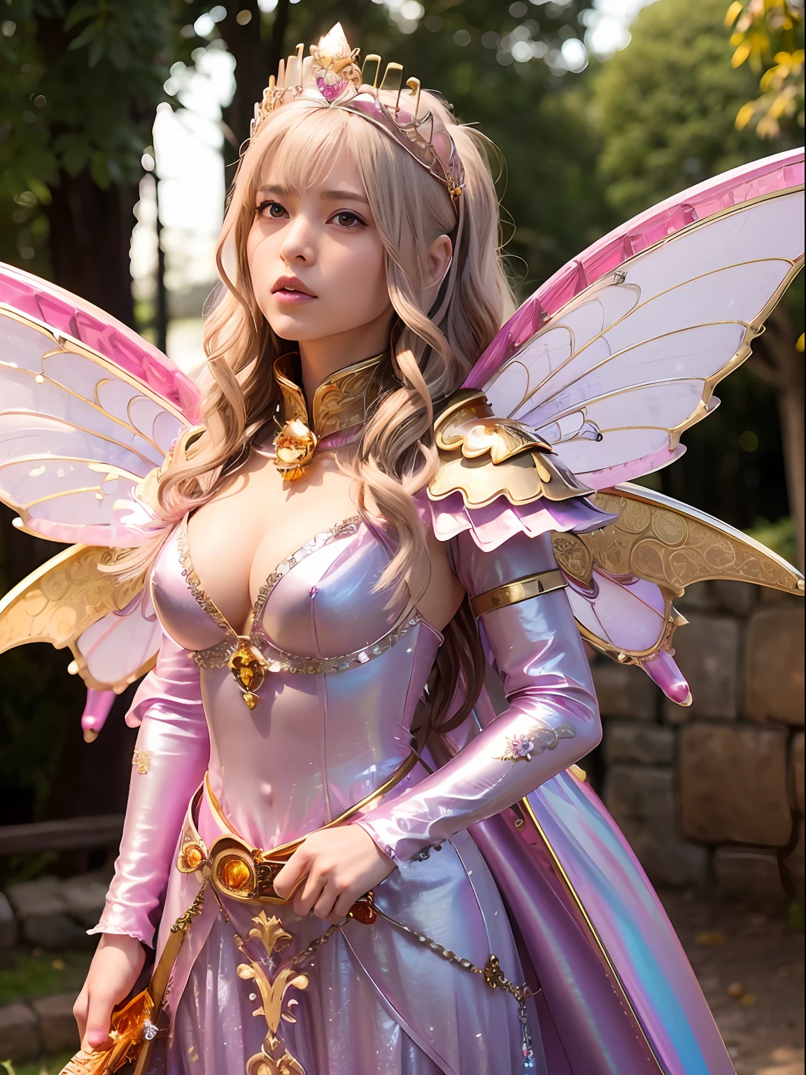 (masutepiece), Professional , ​masterpiece、top-quality、photos realistic , depth of fields （Gemstone Silver Metal Body:1.９),(Matte Pink、Jewel Gold Weapon、（Gorgeous castle background）、（ultimate beauty girl）、（Iridescent fairy wings grow on the back）、（Jewel Metal Body:1.９),Gorgeous Jewel Metal Weapons , Detailed Sword of the Brave ,（ a blond）   ,warhammer 40k , adepta sororitas,Detail and ornate jewel crown、独奏、Brown hair、（Gangle's forest background）、Beautiful Caucasian beauty、１a person、dynamic ungle,(((Diamond tiara with detail and luxury)))、a small face、Powerful poses、（Gorgeous castle background）、huge filesize、20 year old beautiful woman、Stand in the center of the screen、Thin female fingers、Straight long hair、Beautiful Caucasian beauty、（Valley）、Hair fluttering in the wind、face forwards、Look at viewers、