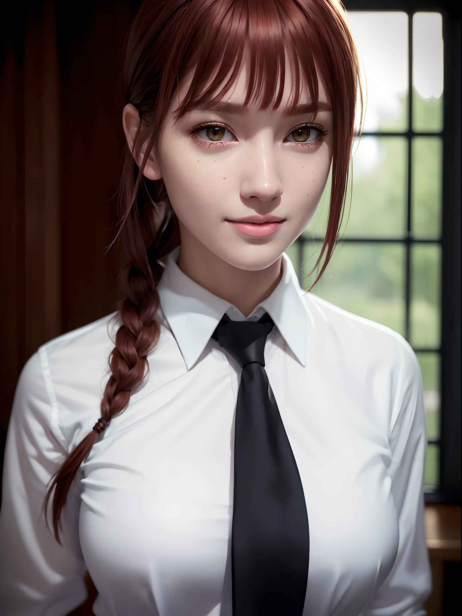 (masterpiece, best quality:1.4), full body shot, makima \(chainsaw man\), 1girl, bangs, indoors, black necktie, black pants, braid, braided ponytail, collared shirt, highres, long hair, long sleeves, necktie, red hair, ringed eyes, shirt, sidelocks, solo, uniform, white shirt, yellow eyes, , medium breasts, beautifull smile, beautiful face, highly detailed face, highly detailed eyes, highly detailed skin, skin pores, subsurface scattering, realistic pupils, full face blush, full lips, depth of field, volumetric lighting, sharp focus, absurdres, realistic proportions, good anatomy, (realistic, hyperrealistic:1.4), 16k hdr