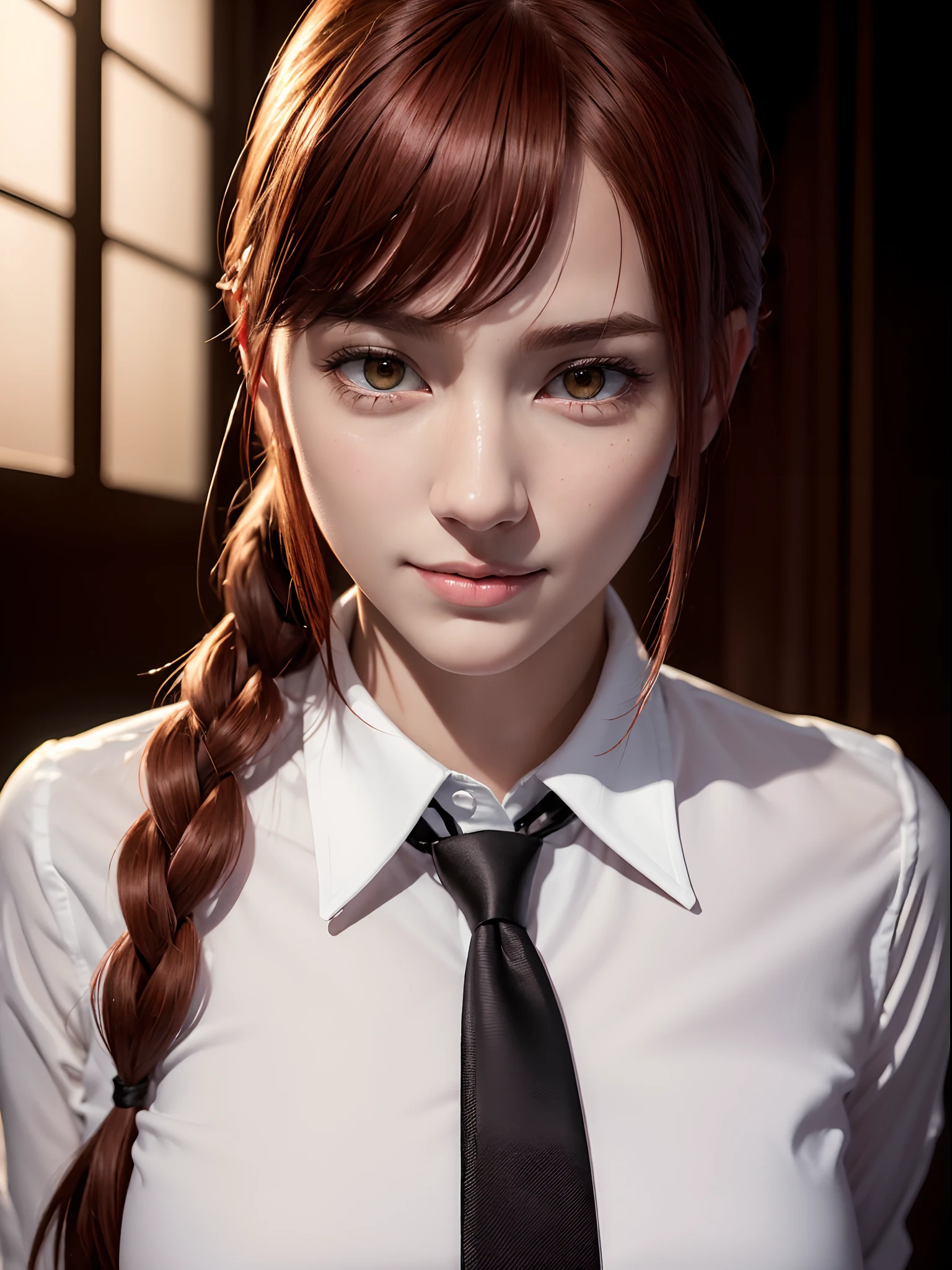 (masterpiece, best quality:1.4), full body shot, makima \(chainsaw man\), 1girl, bangs, indoors, black necktie, black pants, braid, braided ponytail, collared shirt, highres, long hair, long sleeves, necktie, red hair, ringed eyes, shirt, sidelocks, solo, uniform, white shirt, yellow eyes, , medium breasts, beautifull smile, beautiful face, highly detailed face, highly detailed eyes, highly detailed skin, skin pores, subsurface scattering, realistic pupils, full face blush, full lips, depth of field, volumetric lighting, sharp focus, absurdres, realistic proportions, good anatomy, (realistic, hyperrealistic:1.4), 16k hdr