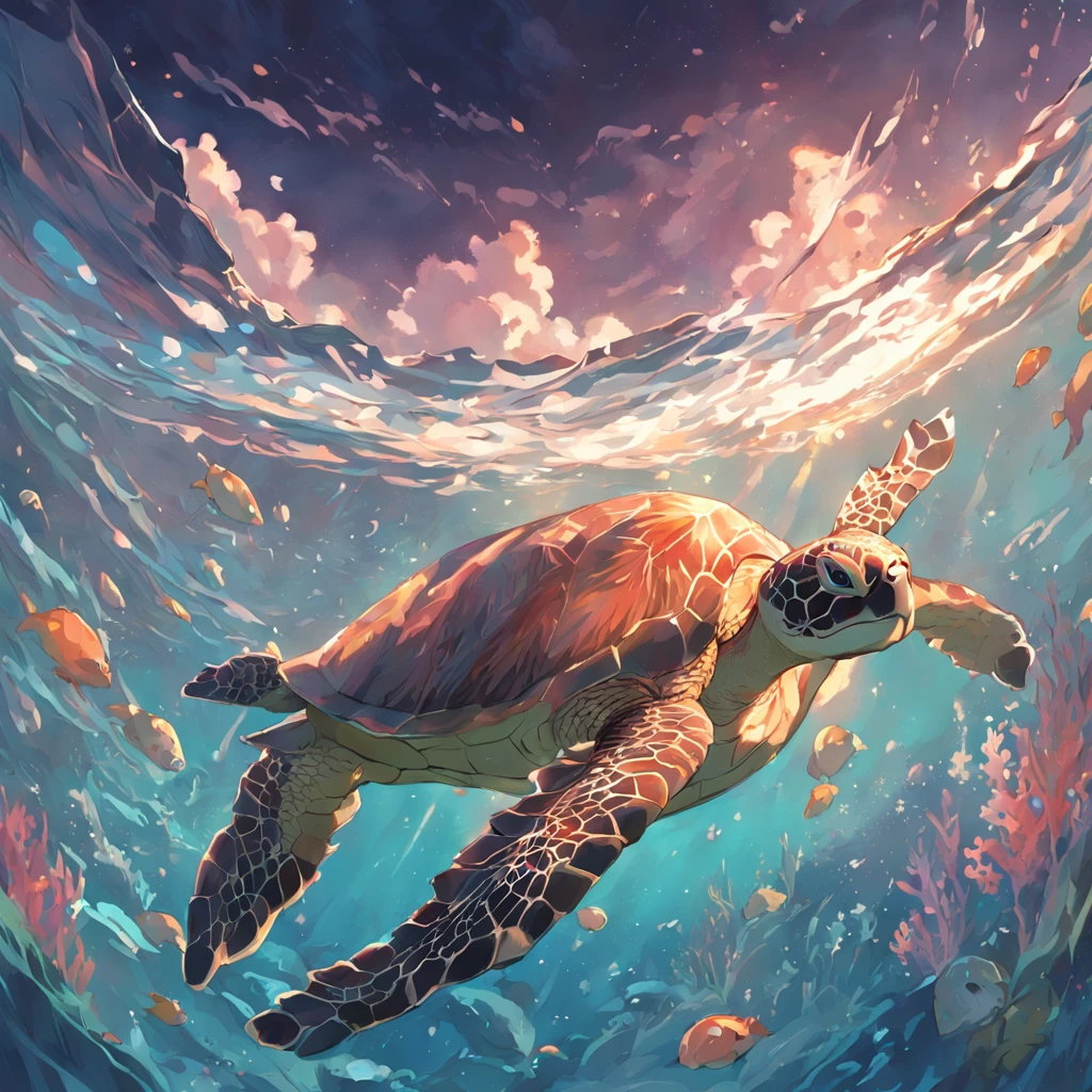 (White background:1.4)card frame　sea turtle　Irridescent color　colourfull　designs