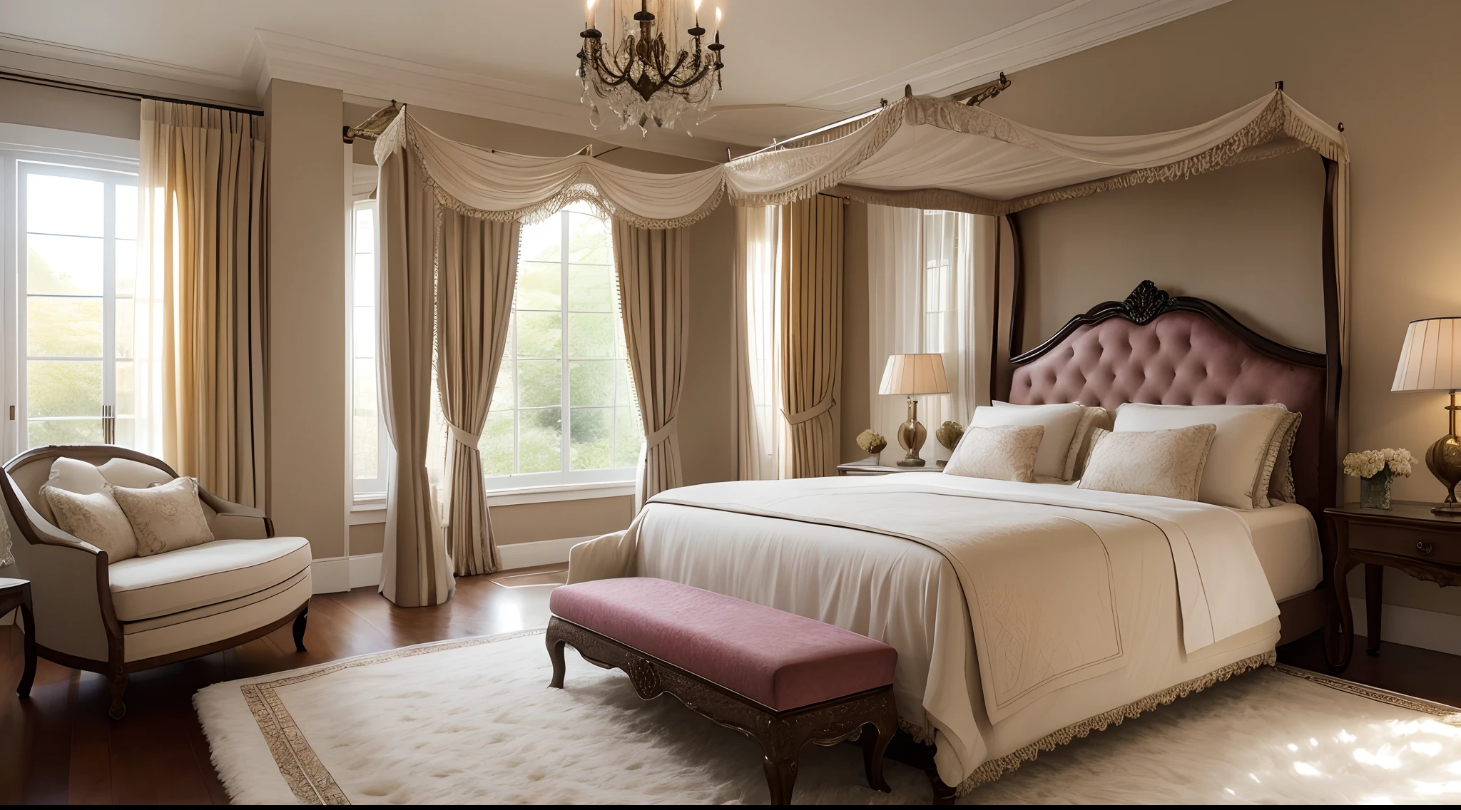 A bed with a soft full comforter on top *and two big fluffy pillows*, draped with voluptuous fabrics, intricate filigree bedposts all four support a canopy of silk tasseled ropes and shiny velvet drapery, romantic sidelighting streams in from a sunlit window giving the comfortable bedroom furniture a sense of luxurious elegance, the bare floor is accented with a furry rug in place of a carpet