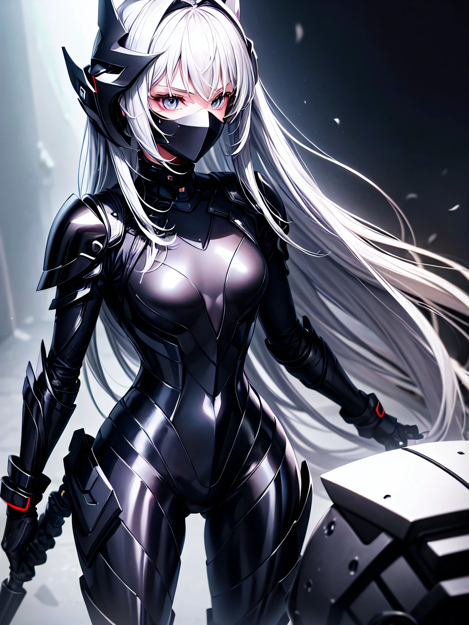 5 8K UHD、Silver-haired and small-nosed beauty in a black shiny black full-body rider suit wearing a black full-face helmet that covers the entire head is standing with her legs open facing the front、Wearing shiny black armor、Upper Body Up