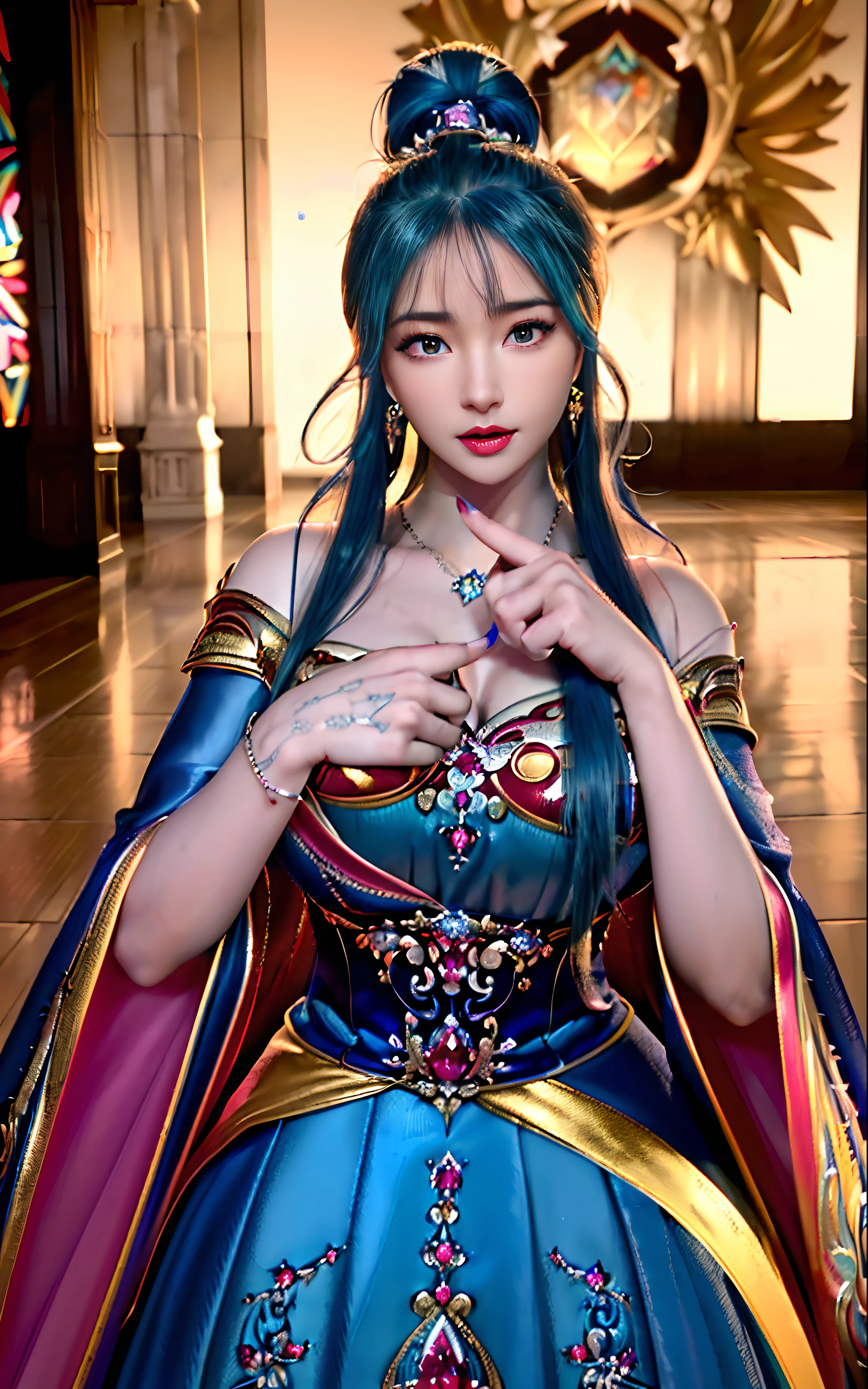 ((realisticity: 1.2)), ((realistic: 8K UHD)), ((best resolution: 8K UHD)), hyper detailed, best quality,masterpiece,highres,cg, ((1 girl hyper detailed and hyper realistic) ) , ((beautiful queen, hyper realistic and hyper detailed)),((white skin, beautiful, smooth, youthful, hyper realistic and hyper detailed )), ((Face hyper beautiful, white, hyper realistic and hyper detailed ) ), long hair, ((hyper realistic and hyper detailed dress)), solo, ((hyper realistic, hyper beautiful, beautiful and hyper detailed jewelry)), ((hyper beautiful deep red and golden yellow dress, hyper realistic and hyper detailed )) , ((Her pretty, hyper realistic, hyper detailed diamond filled earrings)), ((Her gorgeous diamond haircut, hyper realistic and hyper detailed)), ((hyper pretty upper body, hyper beautiful, hyper realistic and hyper detailed) ), ((medium breast: 1.1)), ((hyper realistic, hyper pretty, hyper detailed boobs)), ((the backgroun of the royal palace is hyper majestic, hyper realistic and hyper detailed)),((hands and palms hyper beautiful, hyper detailed, hyper realistic)), ((hyper detailed and hyper realistic fingers and fingernails)), ((hyper pretty fingernails, hyper vivid, hyper detailed, hyper realistic)), ((thumb, index finger, middle finger, ring finger, little finger hyper vivid, hyper pretty, hyper detailed, hyper realistic)),
((hyper beautiful fingers, hyper detailed, and hyper realistic)), ((posture not too fat and not too thin, hyper realistic, hyper detail)), ((hyper pretty, hyper pretty, hyper realistic and hyper detailed hair bun)), ((hyper pretty , hyper realistic and hyper detailed blue hair)), candid, Photo, high resolution, 8k , bokeh,