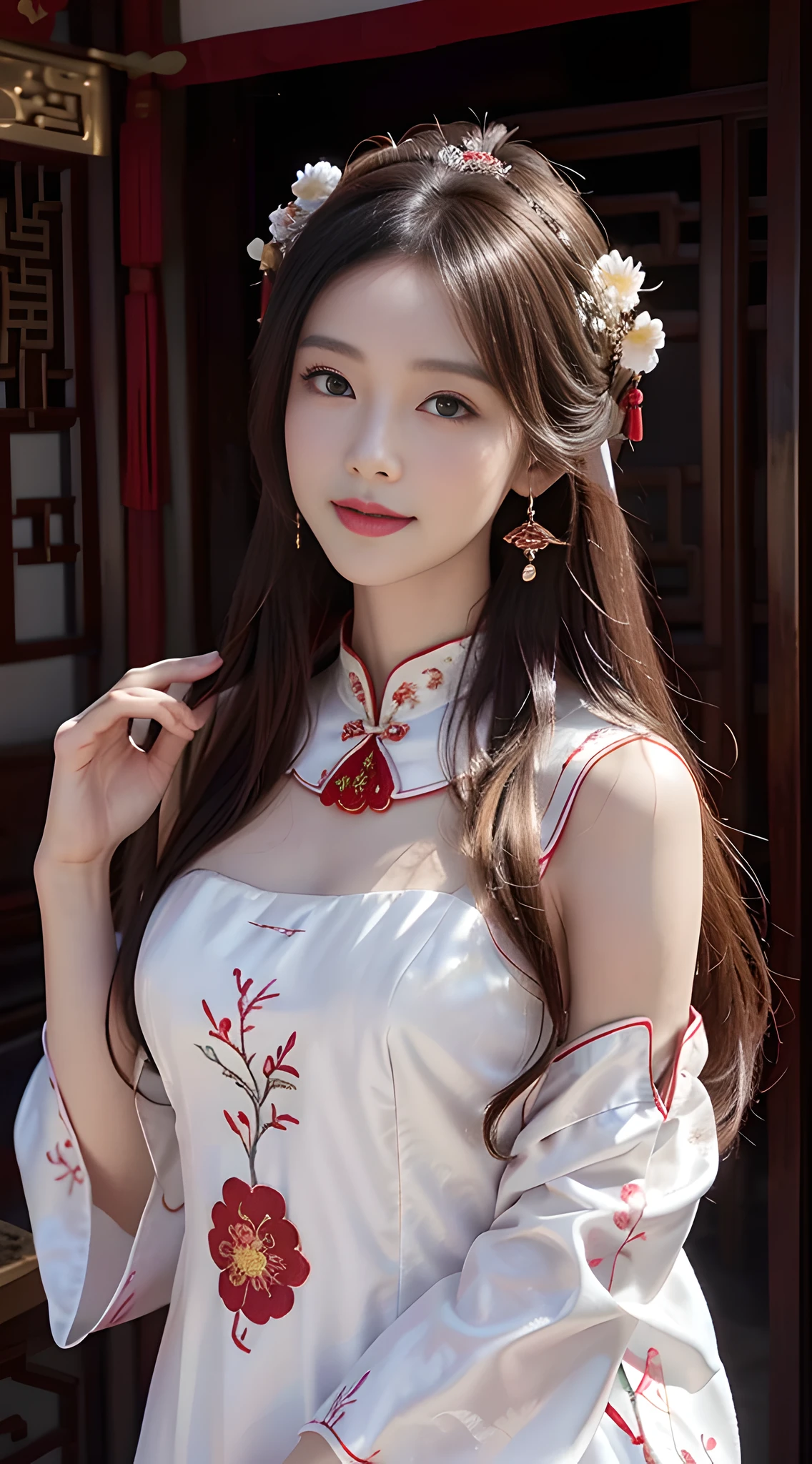 A beautyful girl，long whitr hair，(Wear a beautiful red Chinese wedding dress)，Chinese stand collar，fine embroidery，(A delicate crown was worn over his hair)，A pair of shiny earrings hang from the ears，A beautiful necklace was worn around his neck，Sweet smiling，His face flushed，ssmile，Flowers in hand