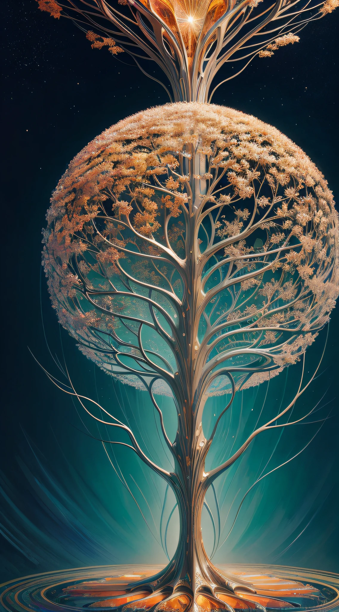 Beautiful symmetrical full body photo painted in oil with thick brushstrokes and wet paint, Fibonacci, golden ratio, melted wax, visible brushstrokes, surrounded by crystal spheres, 3D tessellation wireframe, neural graphic, neurons, tree of life, color, love, passion, oil on canvas, thick brushstrokes, insanely detailed, 8k uhd, masterpiece, artstation, surreal