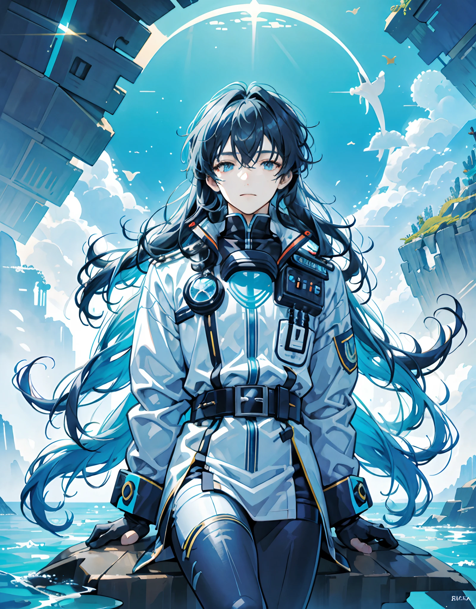a man with long hair, futuristic diving suit, wearing goggles, high tech outfit, underwater, swimming, vibrant colours, magical, coral, seaweed, 1 man, super detailed, solo, underwater environment,[(white background:1.5), ::5], (isometric:1.0), double exposure, bubble