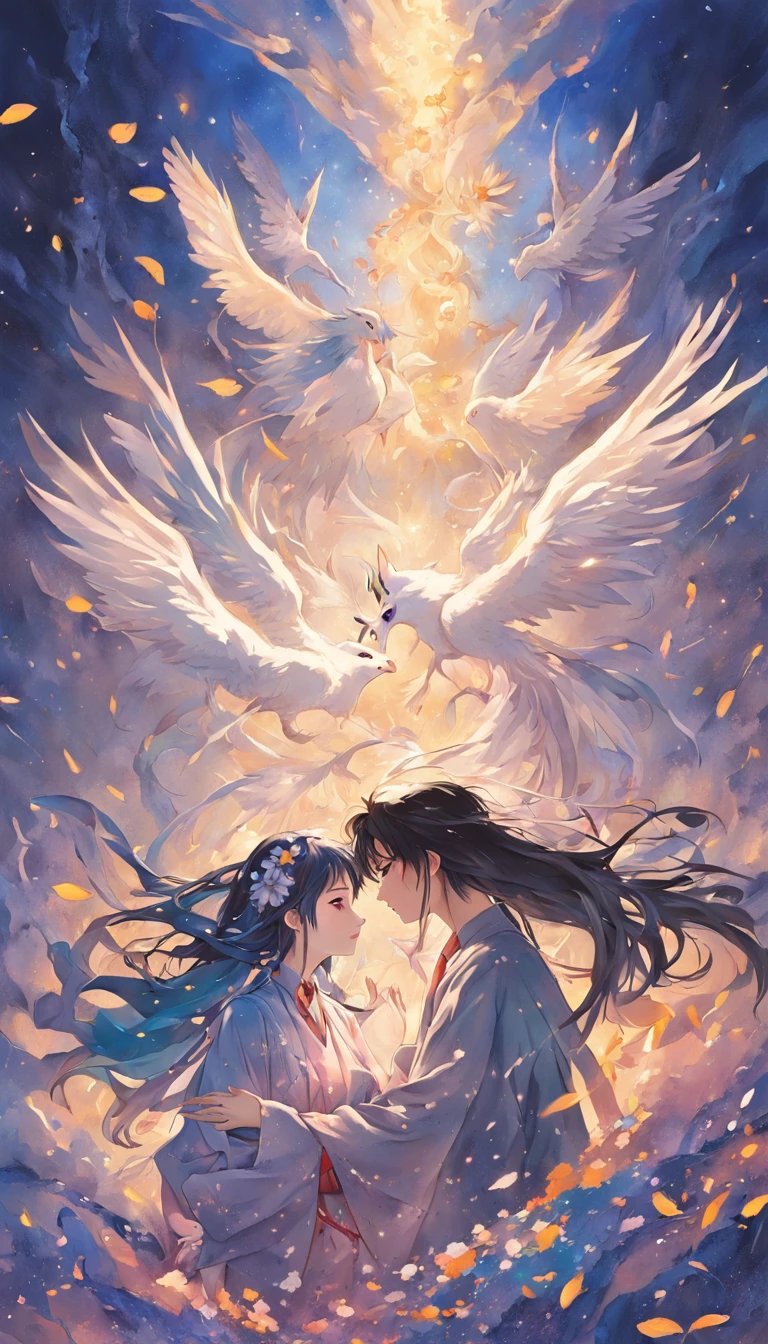 Chinese mythology and stories,Vaqueiro,The two kissed each other,A group of magpies join forces end-to-end to build a beautiful rainbow bridge in space,A flyover where magpies are connected end to end,Vaqueiro,The weaver girl flew onto the flyover,The two kissed,The ends of the flyover are covered with flowers,The background of the picture is a bright moon,On the bright moon, the jade rabbit is holding flowers in his hand,The background is full of stars blinking,The background is a blue-black night view,Vaqueiro,The weaver girl duo,cartoonish style,Do not have bright colors,k hd,detail-rich,Vaqueiro,The two kiss the weaver girl --ar 3:4 --njji 5