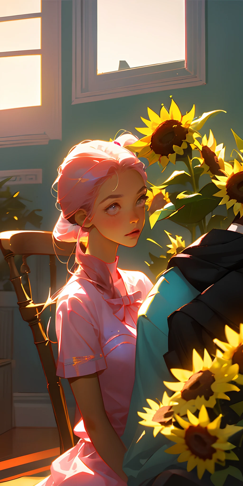 Double ponytail pink-haired girl,Wearing a pink dress,There is a bow hanging from it ,Sit on a dining room chair,Next to it is a bunch of sunflowers,There was a boy opposite ,The boy wears a white T-shirt,Look at the girl