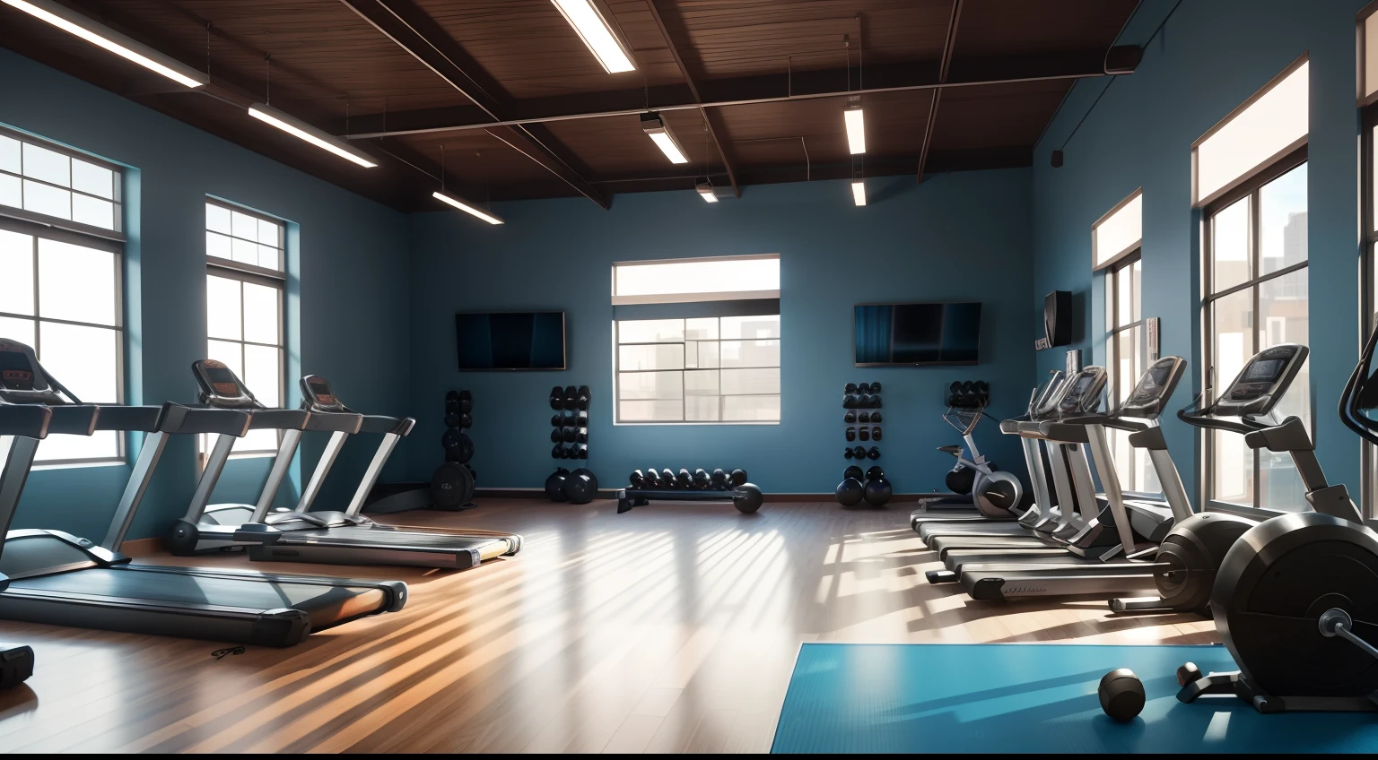 there is a gym room with a row of exercise equipment, background a gym, dim dingy gym, in a gym, dingy gym, interior background art, gym, lamp ( ( ( gym ) ) ) ), local gym, personal room background, working out, anime background art, random background scene, background art, detailed scenery