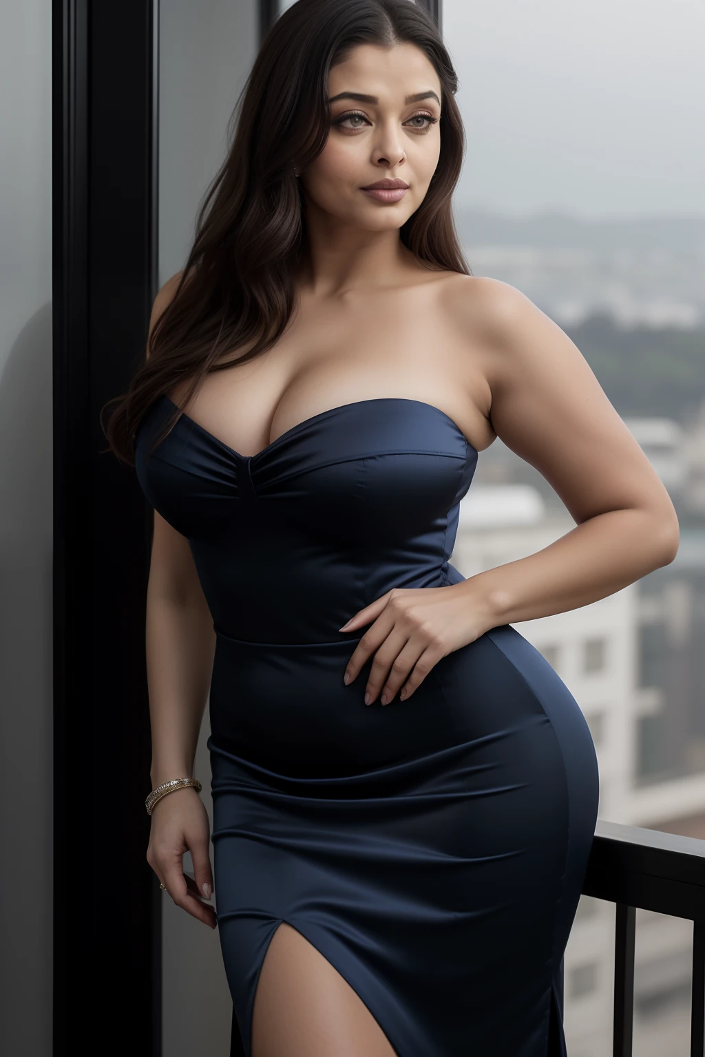 Aishwarya Rai corporate lady, blue satin strapless dress, high heels, deepcut neckline, breasts out, visible nipple pokies, athletic healthy curvy milf figure, open hair, seductive pose in balcony, day scene, hourglass figure, big breasts, fit, seductive face, look at camera and teasing, erotic adult face, 40 yo, soft volumetric lights, intricate details, (ArtStation:1.2)