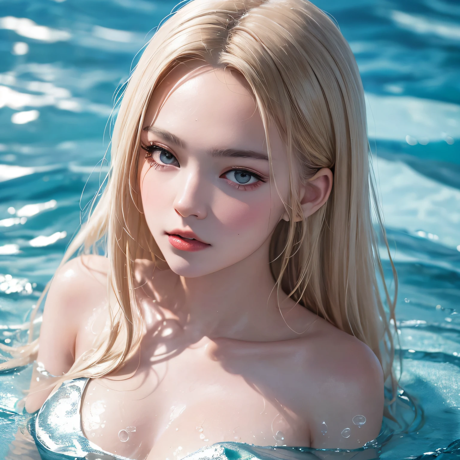 (in 8K, RAW Photos, of the highest quality, Masterpieces: 1.2), (Realistic, Photorealistic: 1.37), Highest Quality, Ultra High Resolution, light  leaks, Dynamic lighting, Slim and smooth skin, (Full body:0.8), (Soft Saturation: 1.6), (Fair skin: 1.2), (Glossy skin: 1.1), Oiled skin, 18 years old, In the deep sea, a large amount of foam, Swimming, Sparkling white blonde, Deep sea, Many ice blocks, Ice Sparkle, Diamond Dust, freeze, Ice Dragon,