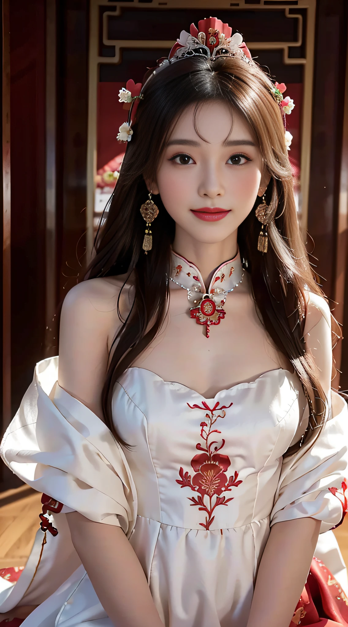 A beautyful girl，long whitr hair，(Wear a beautiful red Chinese wedding dress)，Chinese stand collar，fine embroidery，(A delicate crown was worn over his hair)，A pair of shiny earrings hang from the ears，A beautiful necklace was worn around his neck，Sweet smiling，His face flushed，ssmile，Flowers in hand