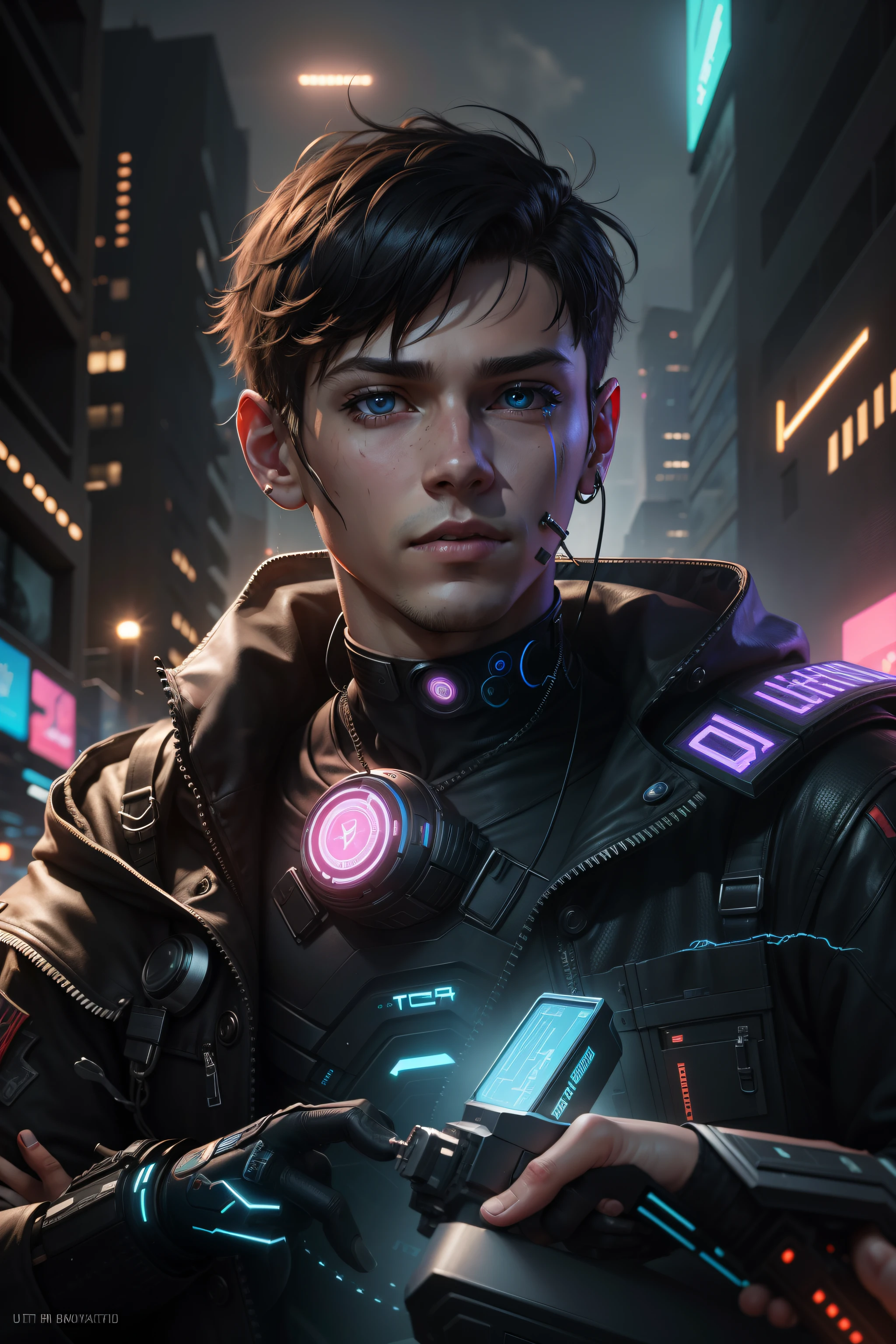 Change background cyberpunk handsame boy realistic face, 8k ultra realistic