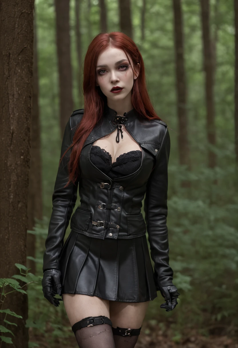 Hyper-realistic, ultradetailed, tmasterpiece. (A night in a dark forest:1.3). The woman, (Tormented by lust:1.3), (drowning up to the thighs in the swamp:1.4). mini skirt, Black stockings with garters, leather jacket, black stiletto heels, (emaciated face:1.4), (dehydrated face:1.5), (outcast:1.6), Copper-red hair