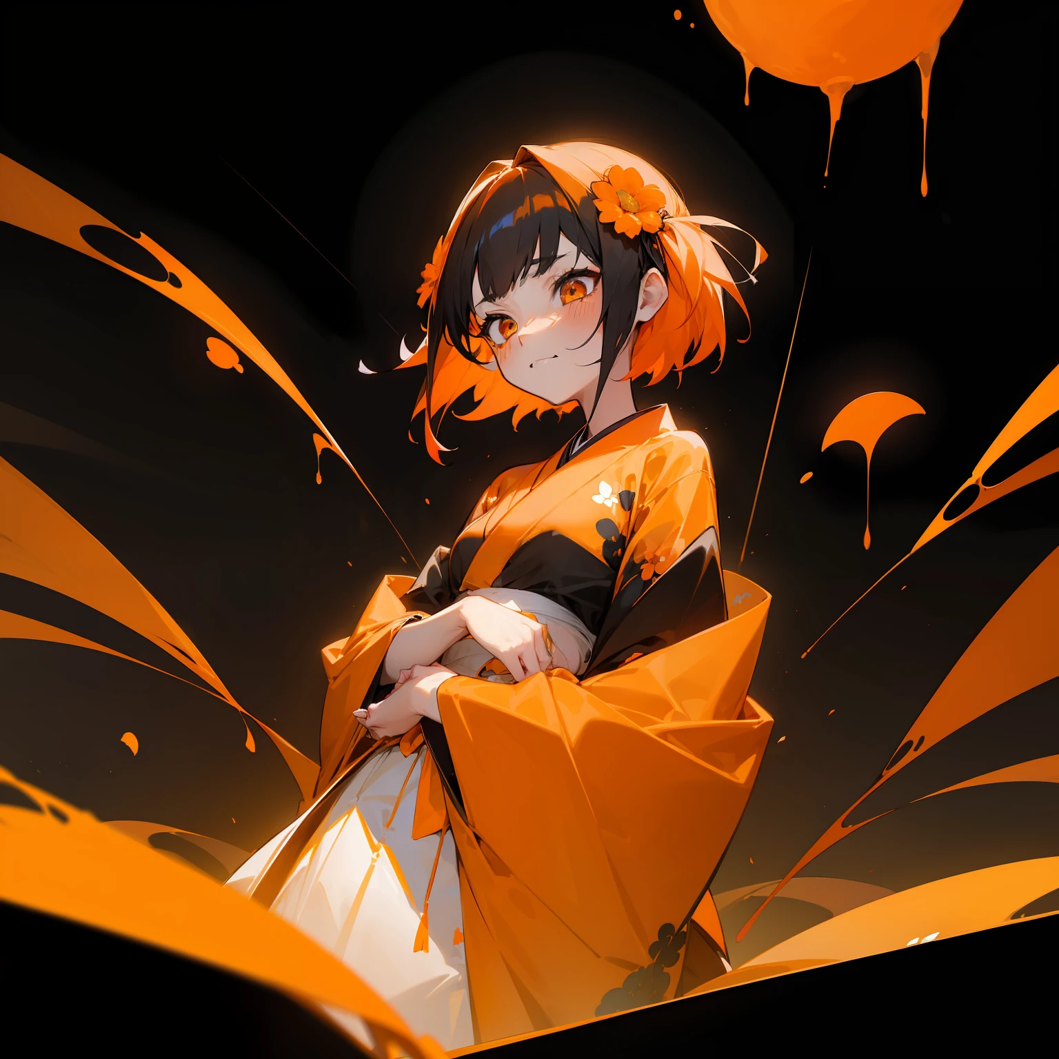(Beautifully Aesthetic:1.2)、(1girl in:1.3)、(Black and orange colorful hair:1.2)、Orange and black kimono、Fantastical、wretched、Orange and yellow marigolds are blooming、natta、Sad face、