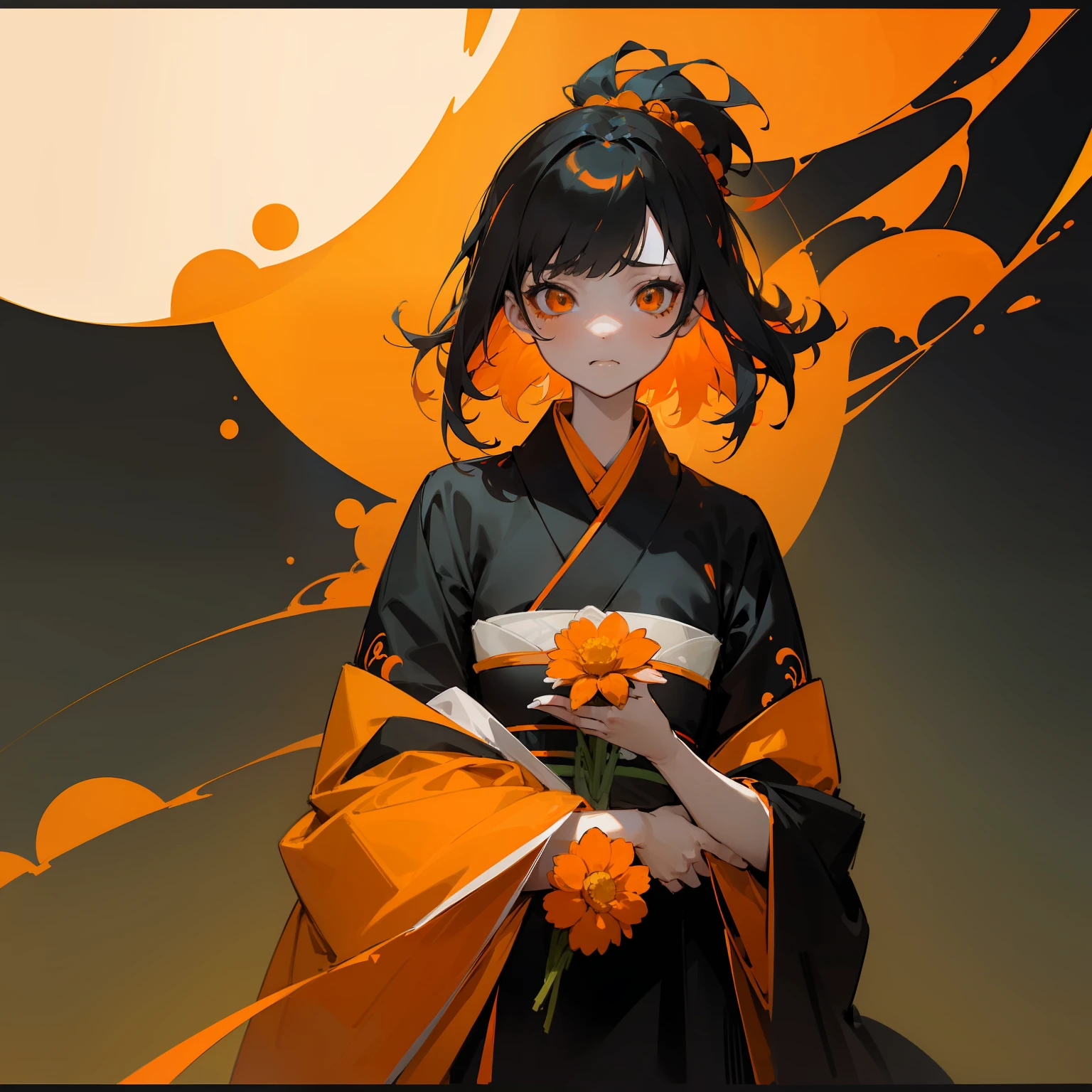 (Beautifully Aesthetic:1.2)、(1girl in:1.3)、(Black and orange colorful hair:1.2)、Orange and black kimono、Fantastical、wretched、Orange and yellow marigolds are blooming、natta、Sad face、