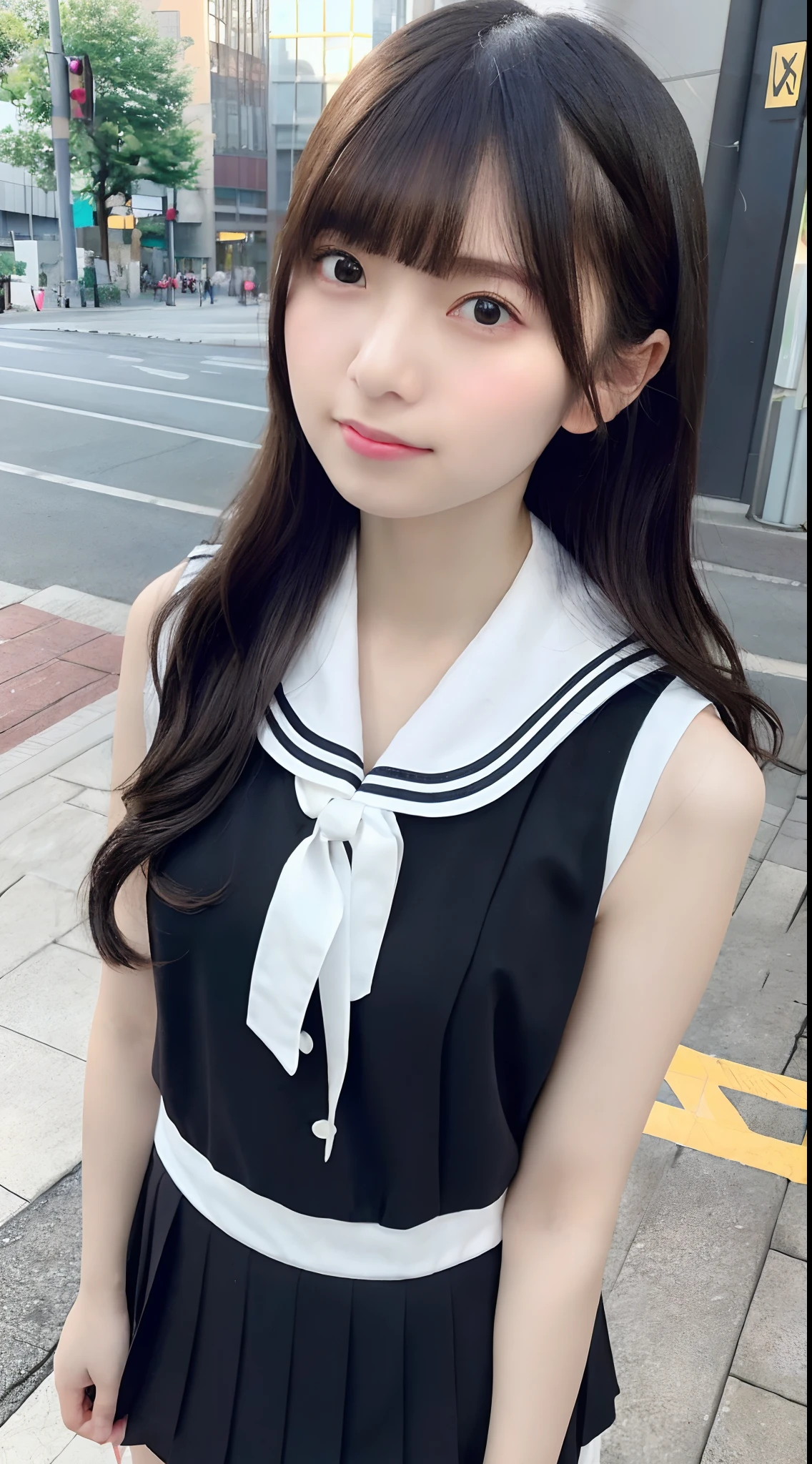mix4, (8K, Raw photography, Top image quality, masterpiece: 1.45), (realisitic, Photorealsitic: 1.37), one girls, cute little, A city scape, natta, Sateen, Wetty, profetional lighting, photon maping, Radio City, physically-based renderingt, Gradient black hair, white hair, short curly hair, a handsome, girl with, (((Randomly generated plain clothes))), Top Quality Photos, hight resolution, 1080p, (clearface), (Detailed face description), (Detailed hand description), (masterpiece), (Exquisite CG)、extreme light and shadows、dishevled hair、master work、abundant detail、(Fine facial features)、(top quality photo)、(masuter piece)、(A detailed eye)、Look in front of you、Fine clavicle、((Slender big))、((Private School Uniforms、summer clothing、a sailor suit、a miniskirt)))、((In front of Shibuya Station))、((Wear a straw hat))、(Shooting from random perspectives)、(((Sleeveless)))、耳Nipple Ring、A big smile、Drawing the whole body from the knees、