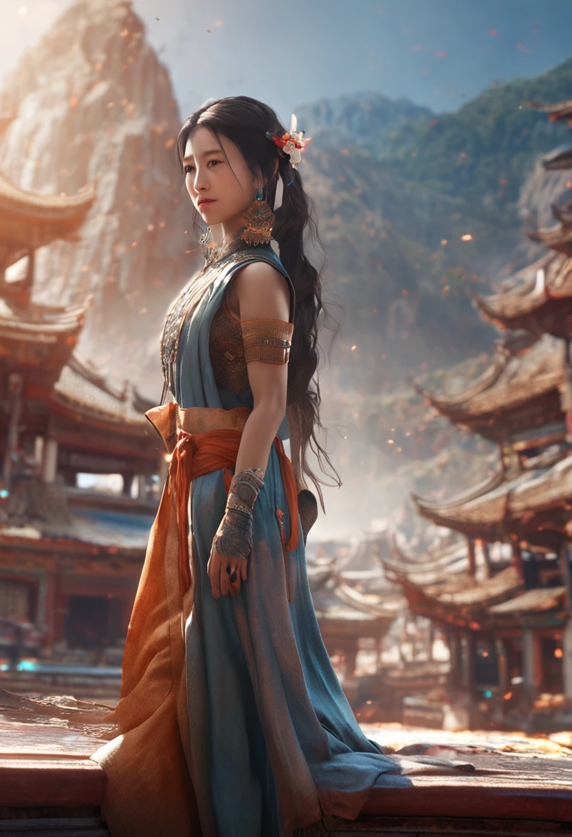 RAW photo, best quality), (realistic, photo-realistic:1.3),best quality,highly detailed,masterpiece,ultra-detailed,illustration,1girl,upper_body,dynamic angle,world masterpiece theater,messy_long_hair,best quality,extremely detailed CG unity 8k wallpaper,ink,Amazing,cinematic lighting,lens_flare, dunhuang_style