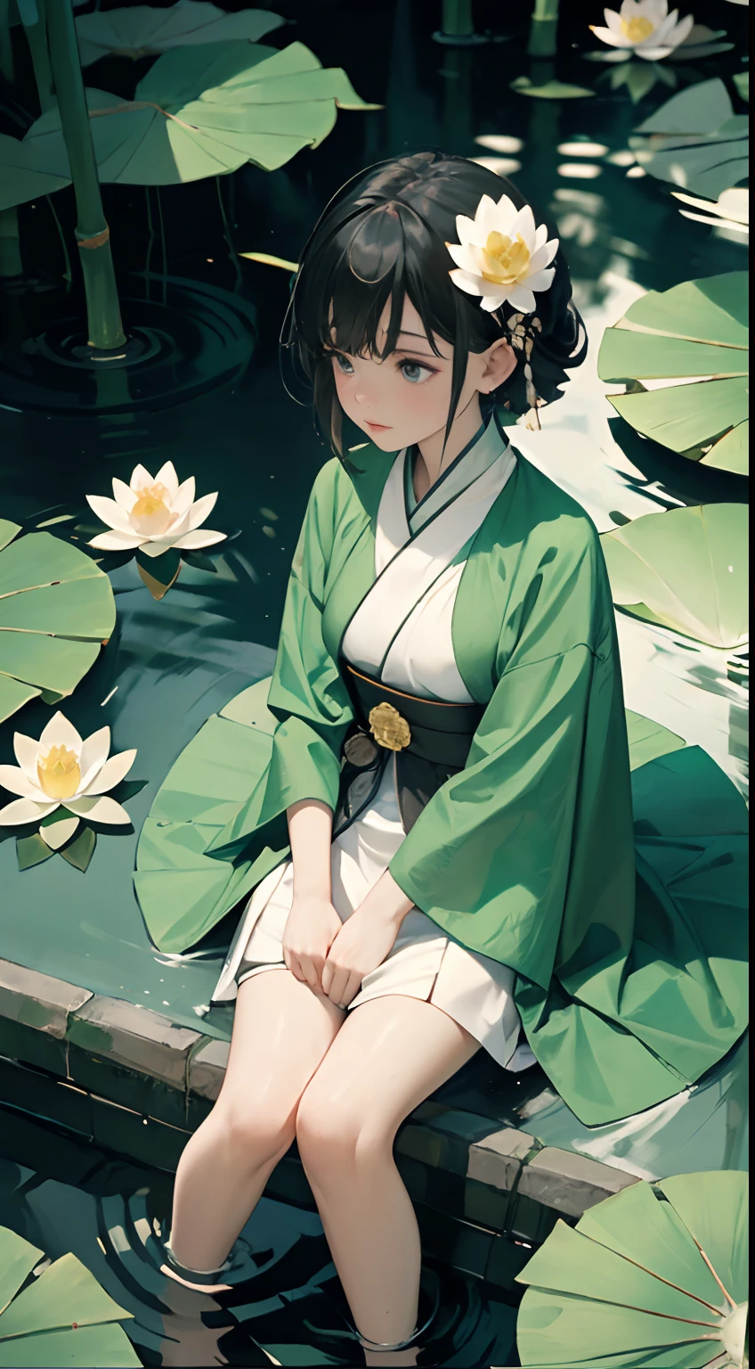 A pond full of lotus, a  girl sitting on the lotus leaves of the pond, happily，huge lotus leaves, barefoot, dressed in white and green hanfu, light and shadow, a masterpiece