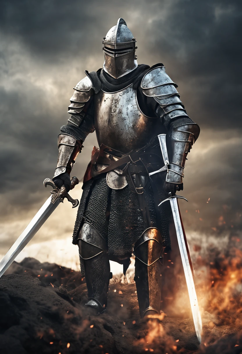 Imposing knights in heavy armor stand on the battlefield, Wielding a huge tomahawk. His armor shone with a metallic sheen, Demonstrate its strength and defensive capabilities. The intricate details of the armor add to its impressive appearance. The background is full of smoke, Create a tense and fierce atmosphere of battle. This high-quality image captures the essence of the heavily armored knight, Perfect for projects that require a sense of strength and determination.