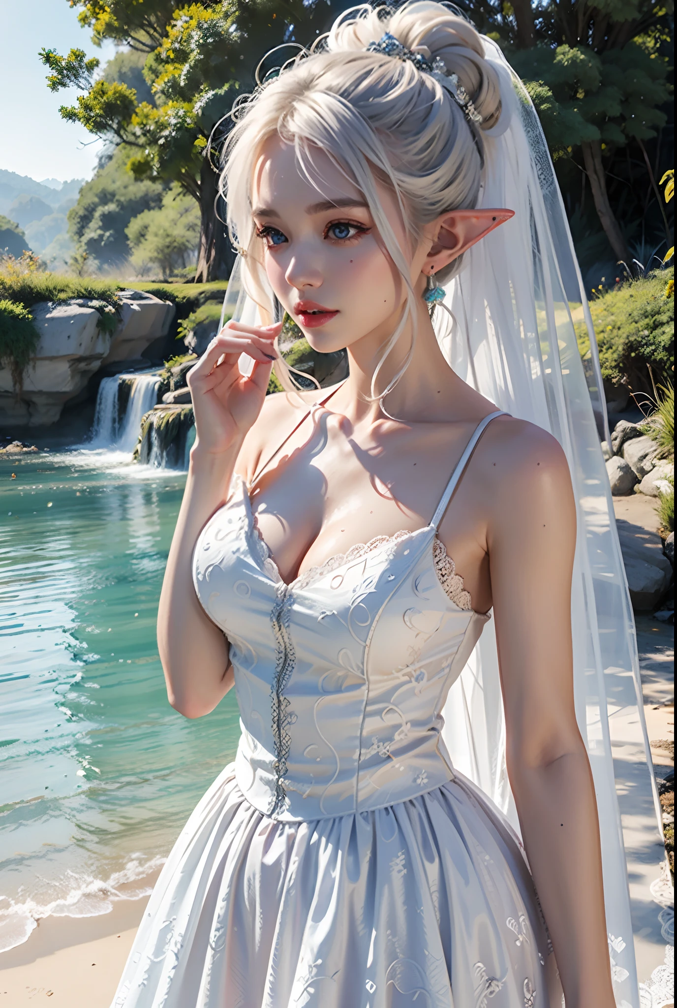 8K分辨率、((top-quality))、((tmasterpiece))、((ultra - detailed))、1 Elf beauty、a matural female、unbelievable Ridiculous、(white wedding gown)、Get wet、Elf long ears、flor branca、Under the eaves、Sateen、neonlight、long white hair、hair-bun、Brightly Colored Eyes、Hands in pockets、Wedding dress、drippy,Normal body proportions,Normal posture