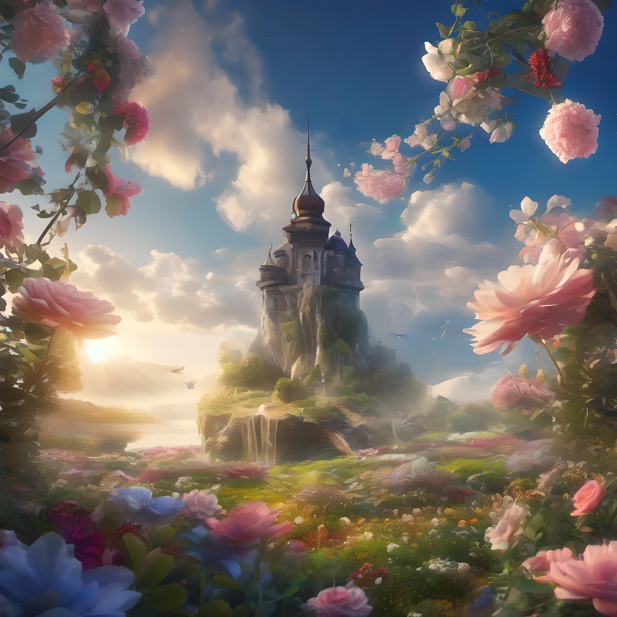 ccurate, best quality, masterpiece, UHD, high details, award winning, (Amazing:2.0), (Surrealism), Conceptual art, Verism, cinematic lighting, floating island in the sky, (((beautiful flower garden))), Horizon, blue sky, paradise scenery, flowers, wind flow, (((fantasy))), frontier, (magnificent space), blurry foreground, bokeh, Hasselblad, lens flare, beautiful school girl, (r old)(((full body)))), from behind, she moving, without looking at me, (((wearing school uniform))), black eyes, black hair, (floating hair), ((8 life size)), detailed hairstyles, detailed bodyline, anatomically correct, cute face, ((accurately portray her)),