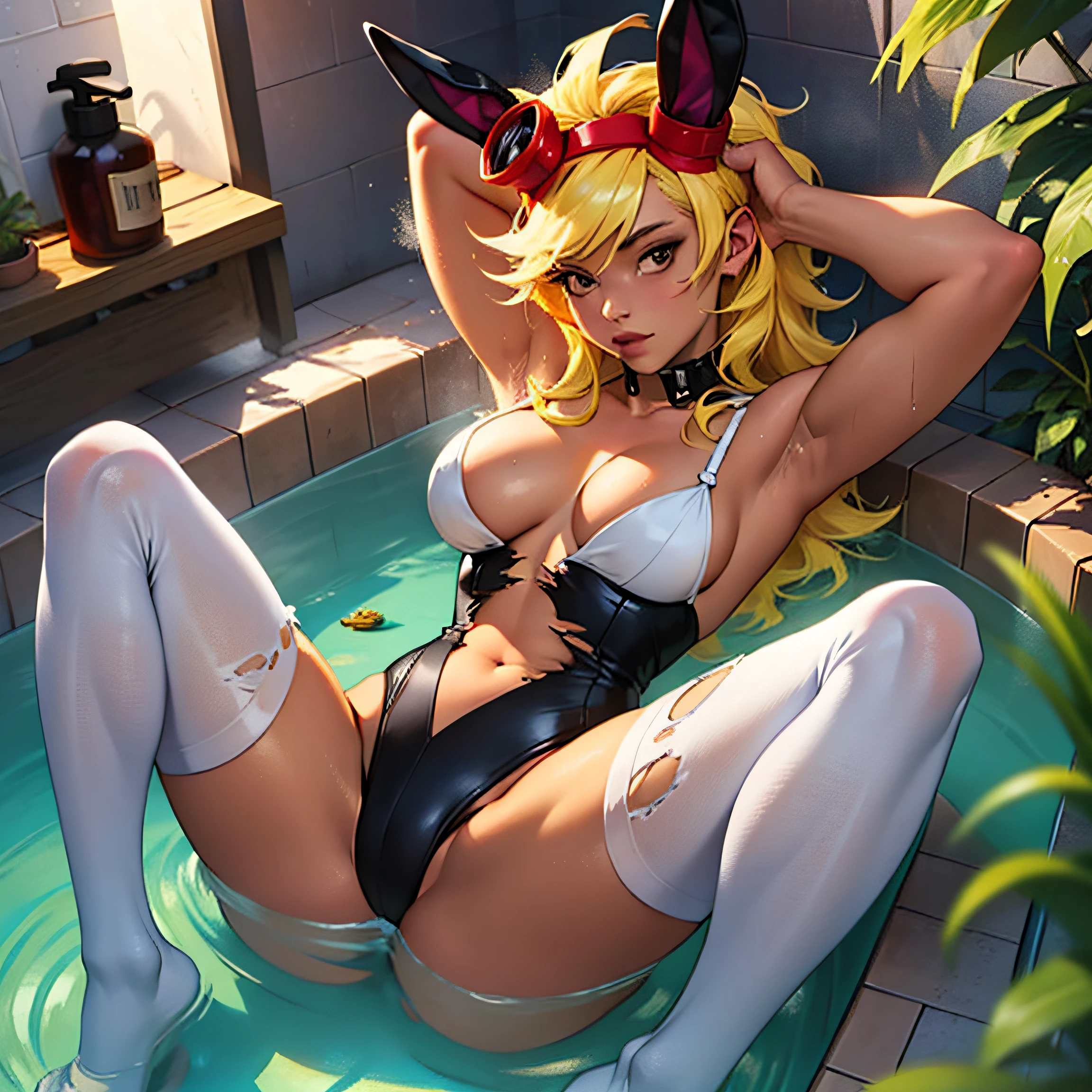 solar_flare_(plants_vs_zombies_heroes), masterpiece, best quality, 1girl, solo, goggles, blonde hair, goggles on head, breasts, dark skin, dark-skinned female, navel, Big Breasts, Voluminous Breasts, Lush Breasts, spiked hair, black eyes, looking at viewer, long hair, playboy bunny, bunny suit, bunny ears, bunny tail, exposed breasts, lingerie, leotard, lots of white foam, Legs Spread, Lots of White Foam, Bathroom, Rubber Duck, Washcloth, Soap, Wet Hair, Waist-deep in Water, White Foam Everywhere, Steam, Bathing, ripped pantyhose, partial nudity, torn clothes, clothes did not cover breasts and , her hands grabbing her own breasts