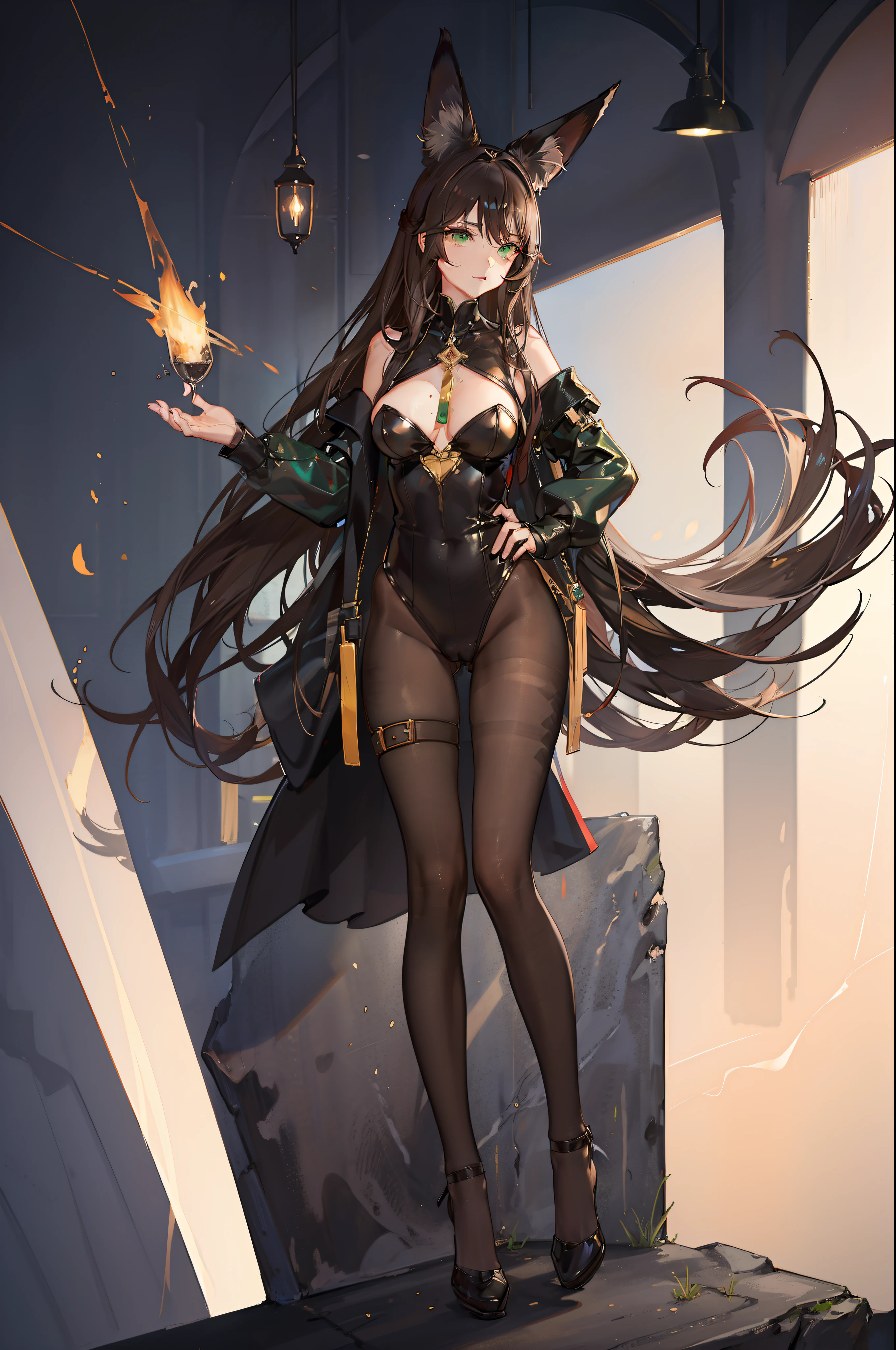 one woman, fox ears, fox tail, bunny suit, brown hair, green eyes, leotard, latex, leather, sexy, masterpiece, good hands, good fingers, good legs, good feet, good eyes, long hair, pantyhose, see-through,