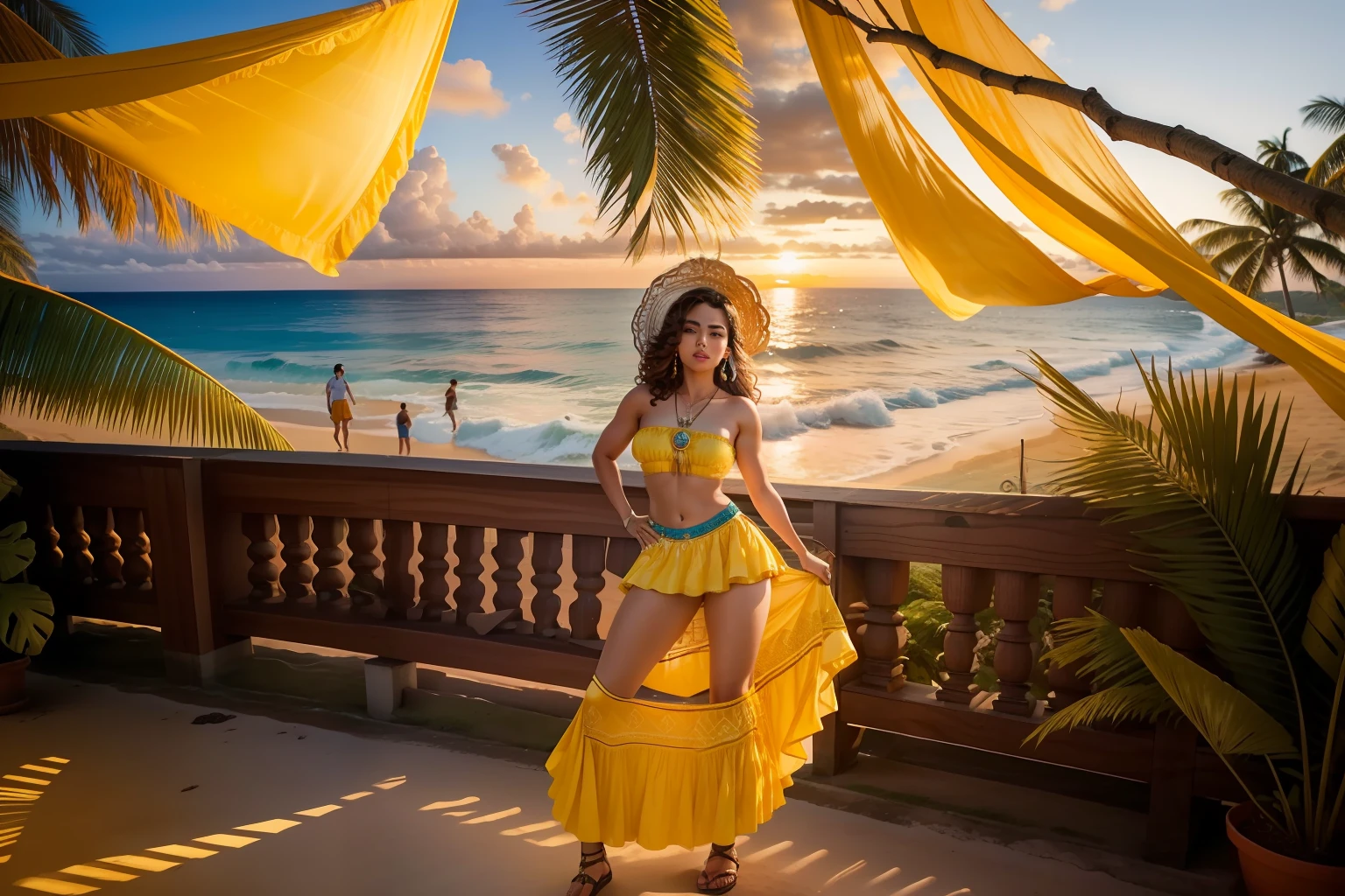 mulher alegre, semblante de felicidade, in the sunny morning, com o mar ao fundo, em um vestido amarelo sentado em uma cadeira de metal gigante, usando um vestido havaiano, Moana, Ilha Grande, posando em waikiki, Obra-prima maravilhosa, com tridente e coroa, pose divertida, posando de rainha, sentado no intrincado trono, polynesian style, Photo Session, segurando tridente, grande obra-prima, photo shoot, Posando!!, Isabela Moner, TV ainda