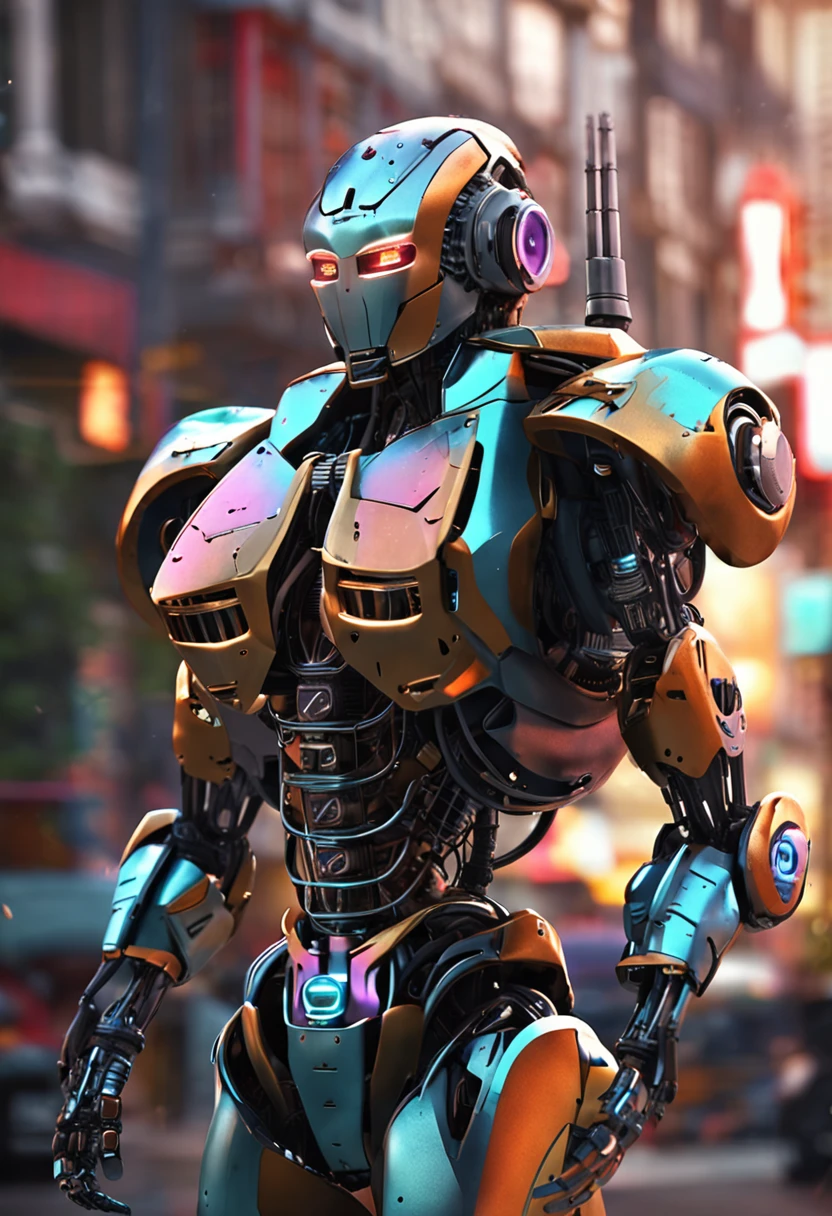 "Robot with amazing appearance in detailed and realistic environment. stunning detailed, SuperiorQuality. Showcase the power and elegance of this modern robot in vibrant and exciting scenarios. Highlight your futuristic design details, With metallic tones and bright lights. Balanced composition and interesting angles bring surprises. Show off your skills in creating this robotic art masterpiece.+"
