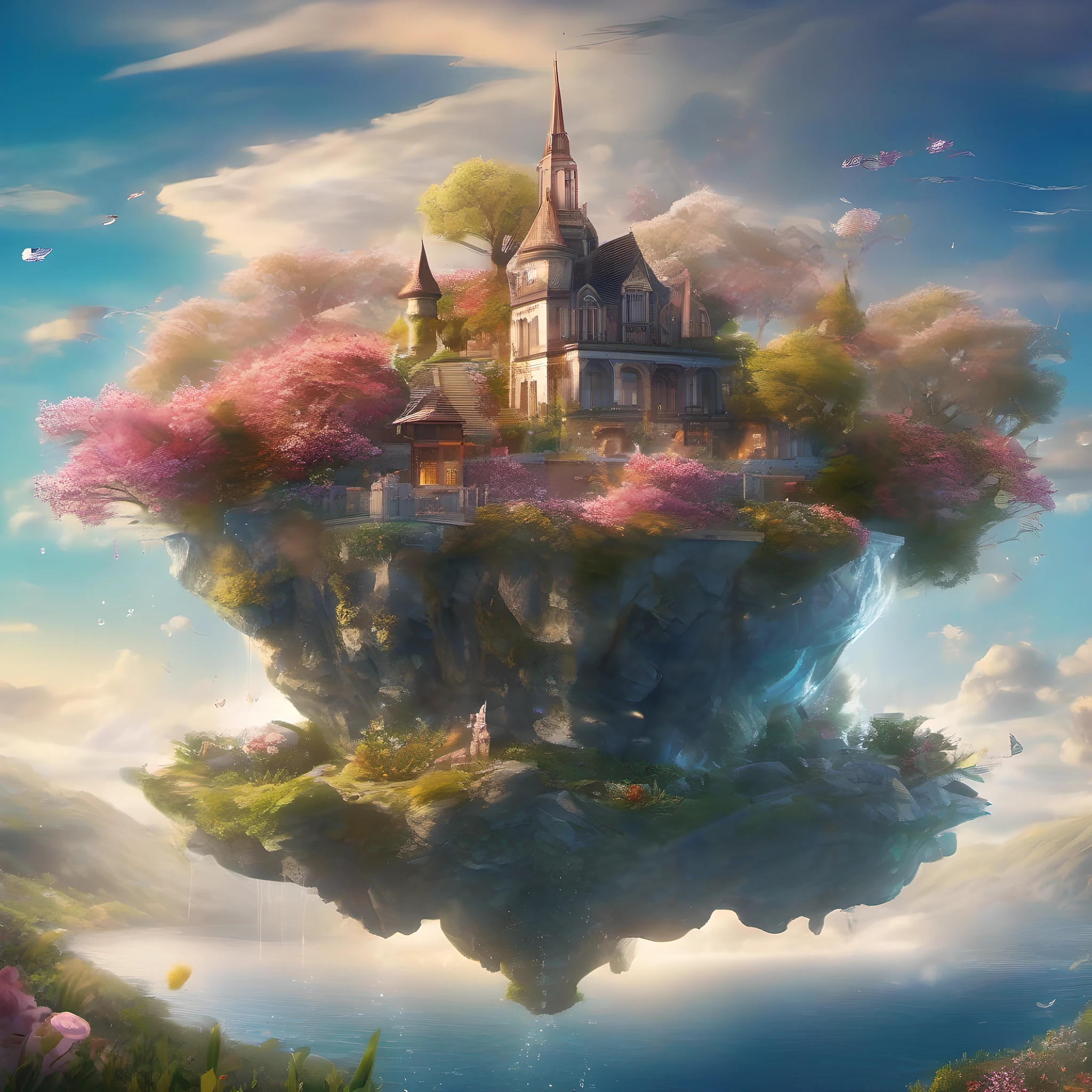 ccurate, best quality, masterpiece, UHD, high details, award winning, (Amazing:2.0), (Surrealism), Conceptual art, Verism, cinematic lighting, floating island in the sky, (((beautiful flower garden))), Horizon, blue sky, paradise scenery, flowers, wind flow, (((fantasy))), frontier, (magnificent space), blurry foreground, bokeh, Hasselblad, lens flare, beautiful school girl, (17 yr old), ((((full body)))), from behind, she moving, without looking at me, (((wearing school uniform))), black eyes, black hair, (floating hair), ((8 life size)), detailed hairstyles, detailed bodyline, anatomically correct, cute face, ((accurately portray her)),