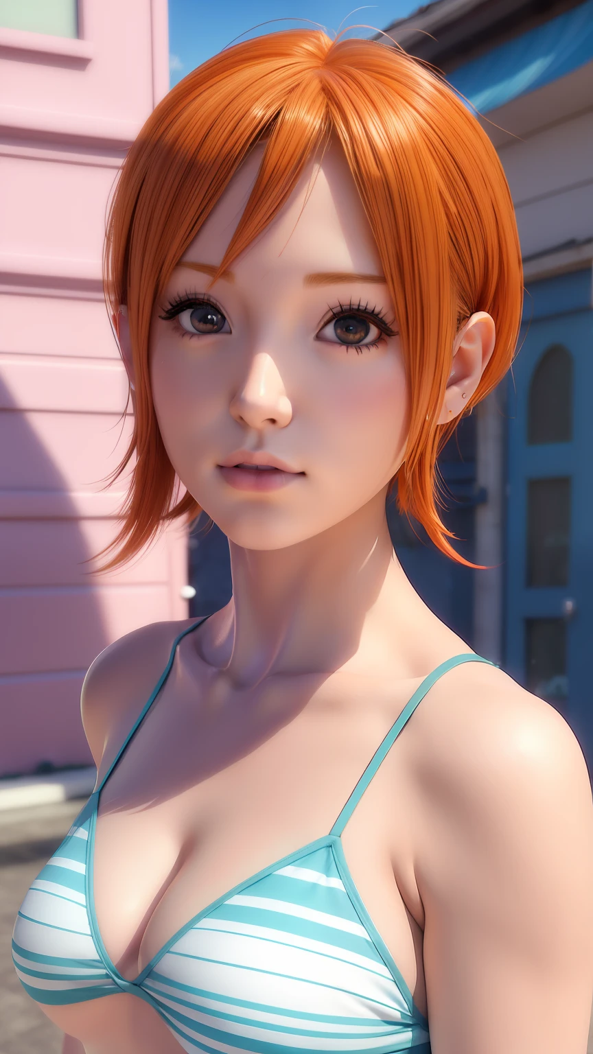 a cute girl, short orange hair, blue bra, blue panties, holding ice cream, realistic anime, realistic anime 3 d style, realistic young anime girl, stunning anime face portrait, photorealistic anime, anime realism style, kawaii realistic portrait, realistic anime artstyle, beautiful anime portrait, realistic anime style at pixiv, realistic anime art style, hyper realistic anime, 3 d anime realistic, realistic, ultra detail