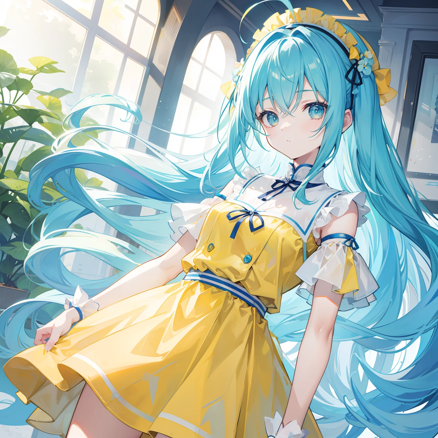 Bright light yellowish blue hair,Light yellow and light blue clothes,A cute cute girl
