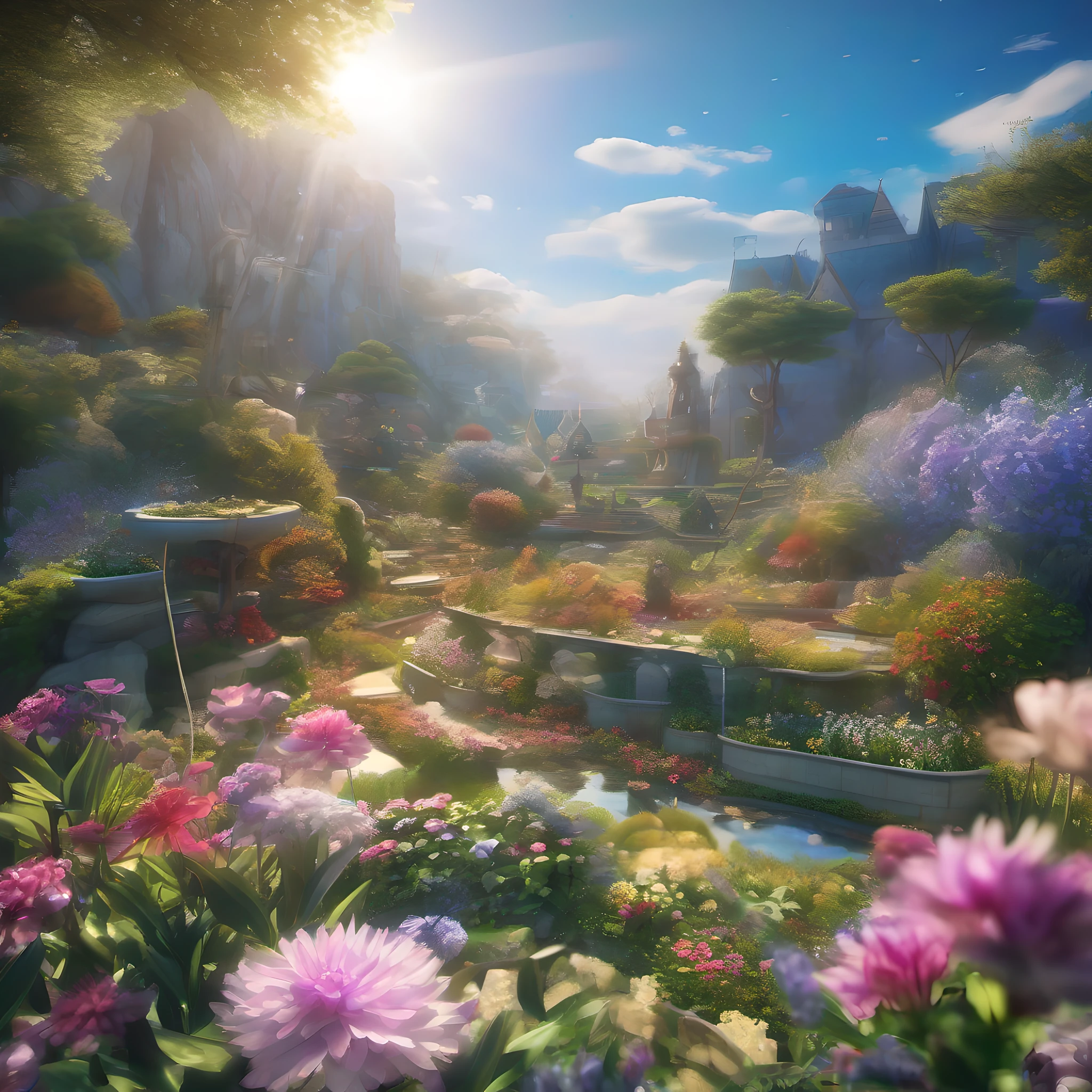 ccurate, best quality, masterpiece, UHD, high details, award winning, (Amazing:2.0), (Surrealism), Conceptual art, Verism, cinematic lighting, floating island in the sky, (((beautiful flower garden))), Horizon, blue sky, paradise scenery, flowers, wind flow, (((fantasy))), frontier, (magnificent space), blurry foreground, bokeh, Hasselblad, lens flare, beautiful school girl, (17 yr old), ((((full body)))), from behind, she moving, without looking at me, (((wearing school uniform))), black eyes, black hair, (floating hair), ((8 life size)), detailed hairstyles, detailed bodyline, anatomically correct, cute face, ((accurately portray her)),