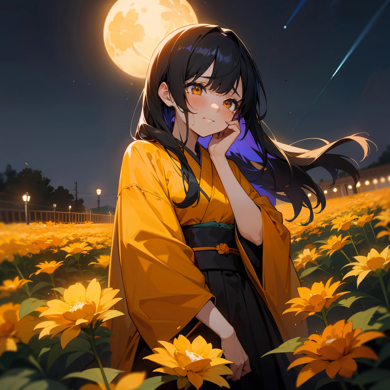 Under a beautiful night sky、One girl stood。Her hair is a colorful color of black and orange、、She wore a colorful orange and black kimono.。Orange and yellow marigolds bloom around her、The gorgeousness was noticeable even at night。There was sadness on her face.、Tears were wetting her cheeks。She and marigolds、The night created an even more fantastic atmosphere.。