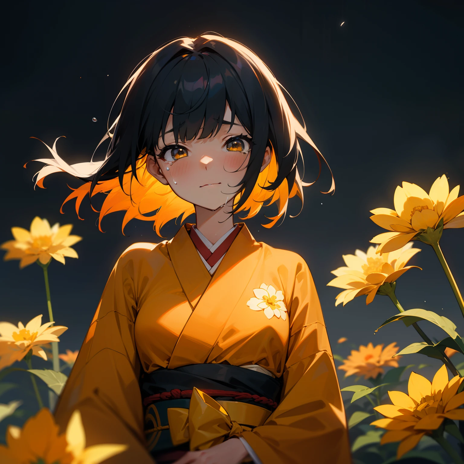 Under a beautiful night sky、One girl stood。Her hair is a colorful color of black and orange、、She wore a colorful orange and black kimono.。Orange and yellow marigolds bloom around her、The gorgeousness was noticeable even at night。There was sadness on her face.、Tears were wetting her cheeks。She and marigolds、The night created an even more fantastic atmosphere.。