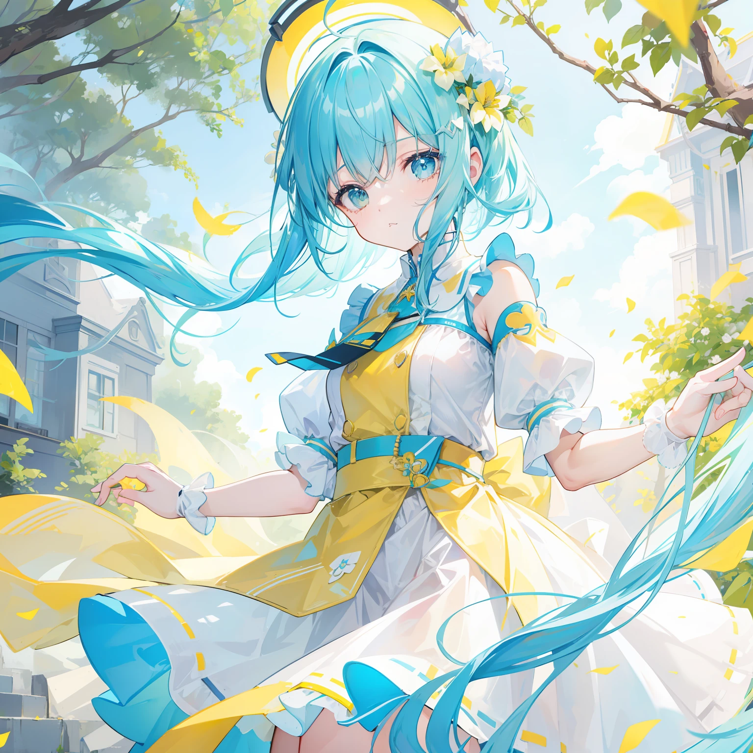 Bright light yellowish blue hair,Light yellow and light blue clothes,A cute cute girl