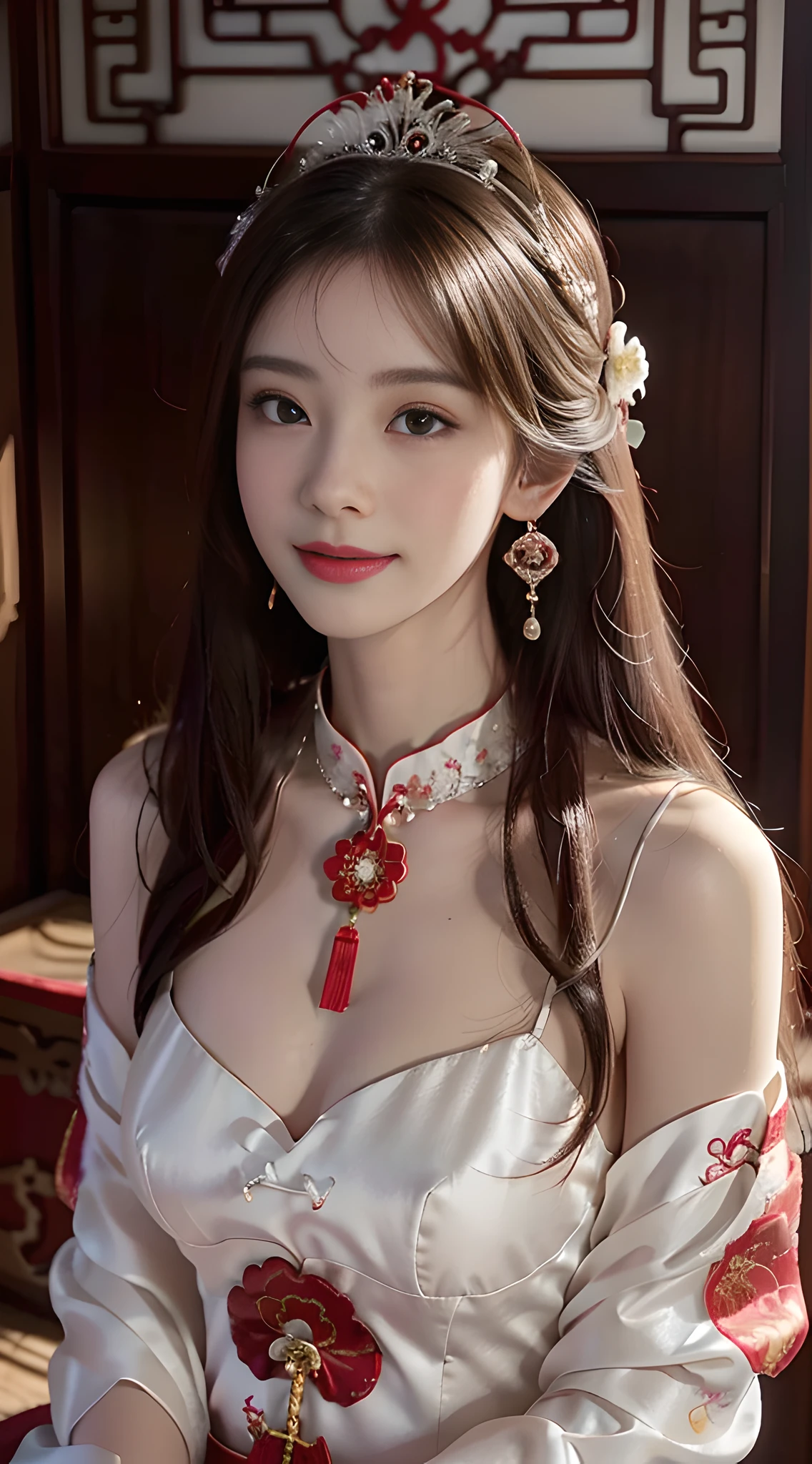A beautyful girl,long whitr hair,(Wear a beautiful red Chinese wedding dress),Chinese stand collar,fine embroidery,(A delicate crown was worn over his hair),A pair of shiny earrings hang from the ears,A beautiful necklace was worn around his neck,Sweet smiling,His face flushed,ssmile,Flowers in hand