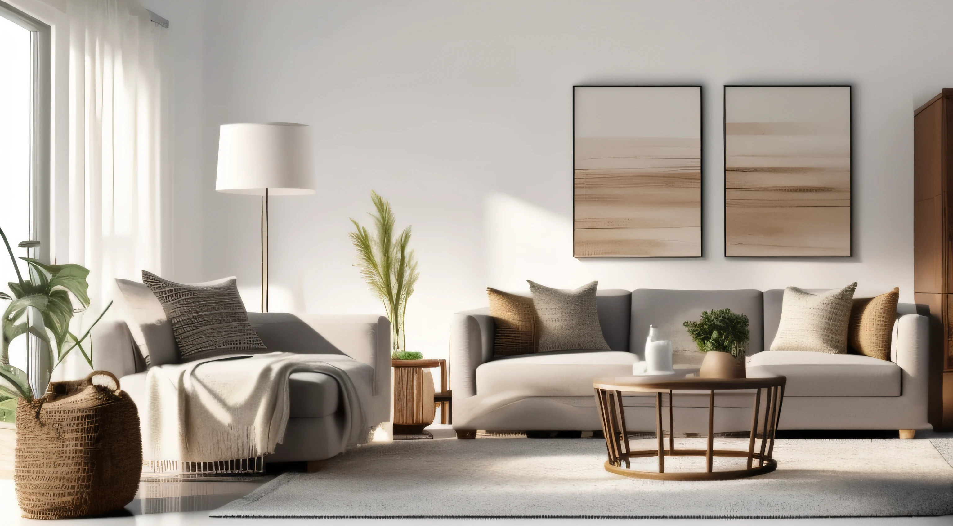 Create an AI image capturing the essence of a tranquil Japandi living room, featuring clean lines, neutral tones, and natural materials in perfect harmony.