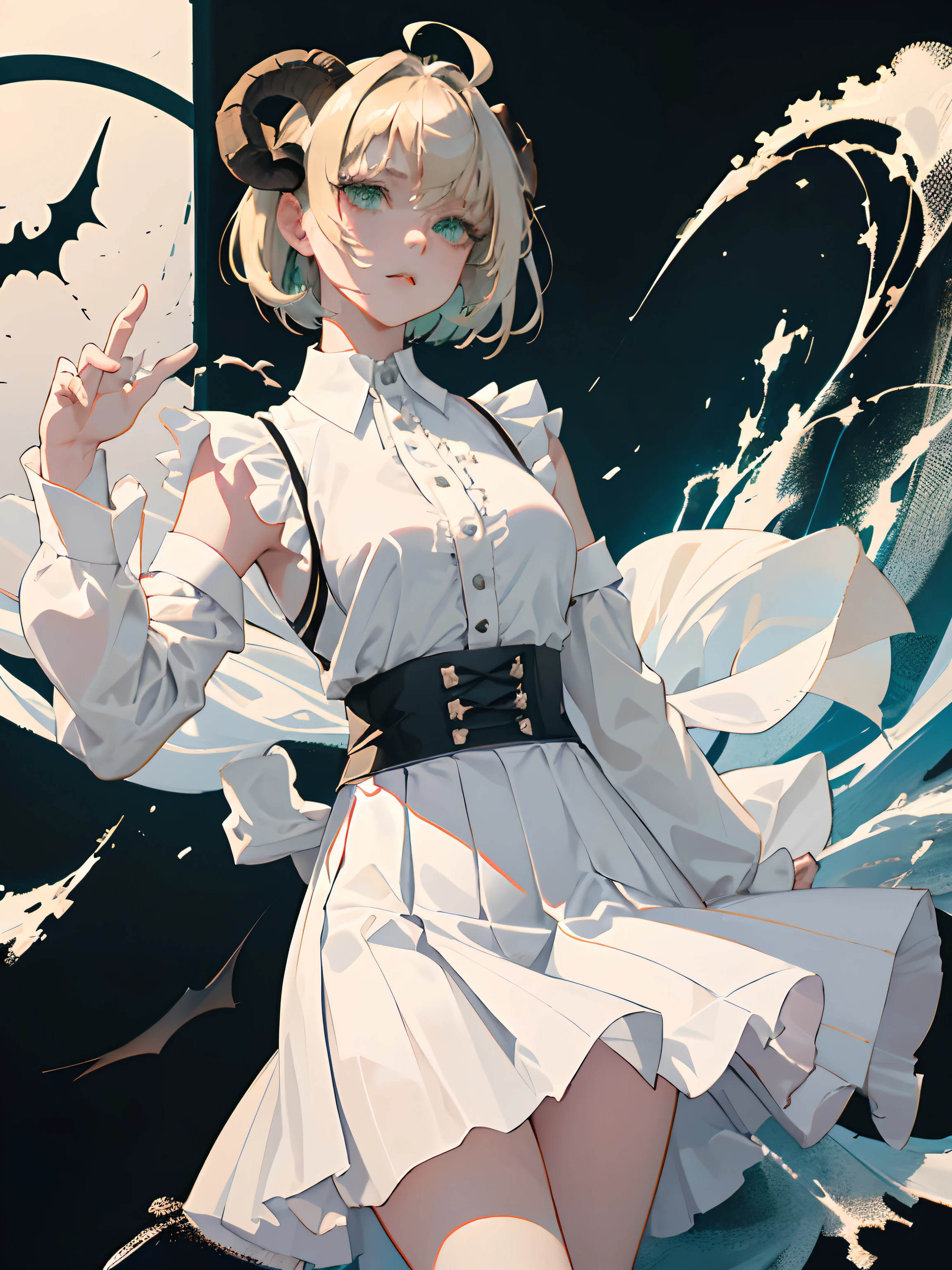 ((masterpiece, best quality)), (1girl), (solo), (female focus), (ahoge, ash blonde hair, short hair), green eyes, ((white shirt), (buttoned shirt)), ((black skirt), (short skirt)), standing, white background, arms behind back, bat wings on the waist, sheep horns, (sad eyes), cold facial expression