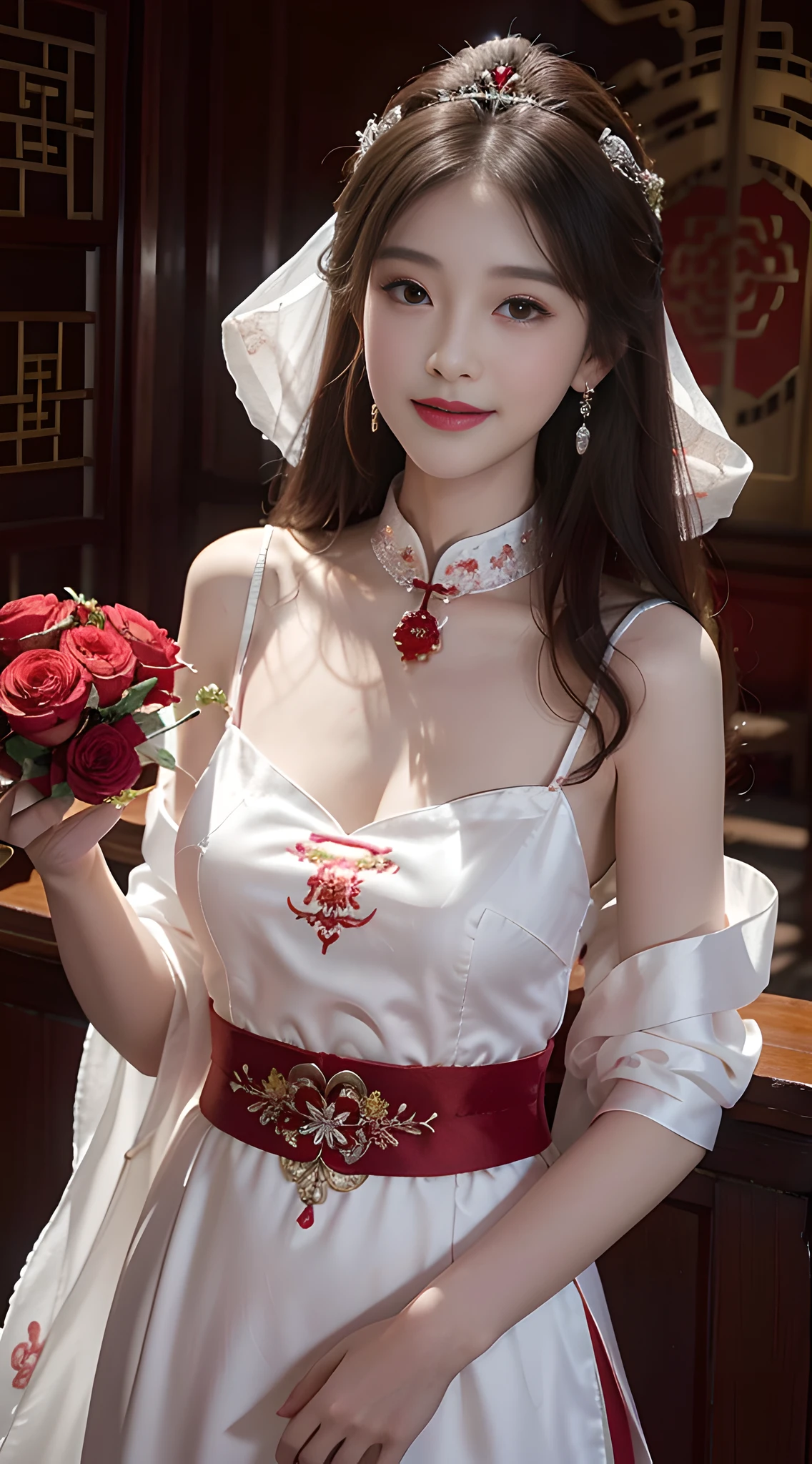 A beautyful girl，long whitr hair，(Wear a beautiful red Chinese wedding dress)，Chinese stand collar，fine embroidery，(A delicate crown was worn over his hair)，A pair of shiny earrings hang from the ears，A beautiful necklace was worn around his neck，Sweet smiling，His face flushed，ssmile，Flowers in hand