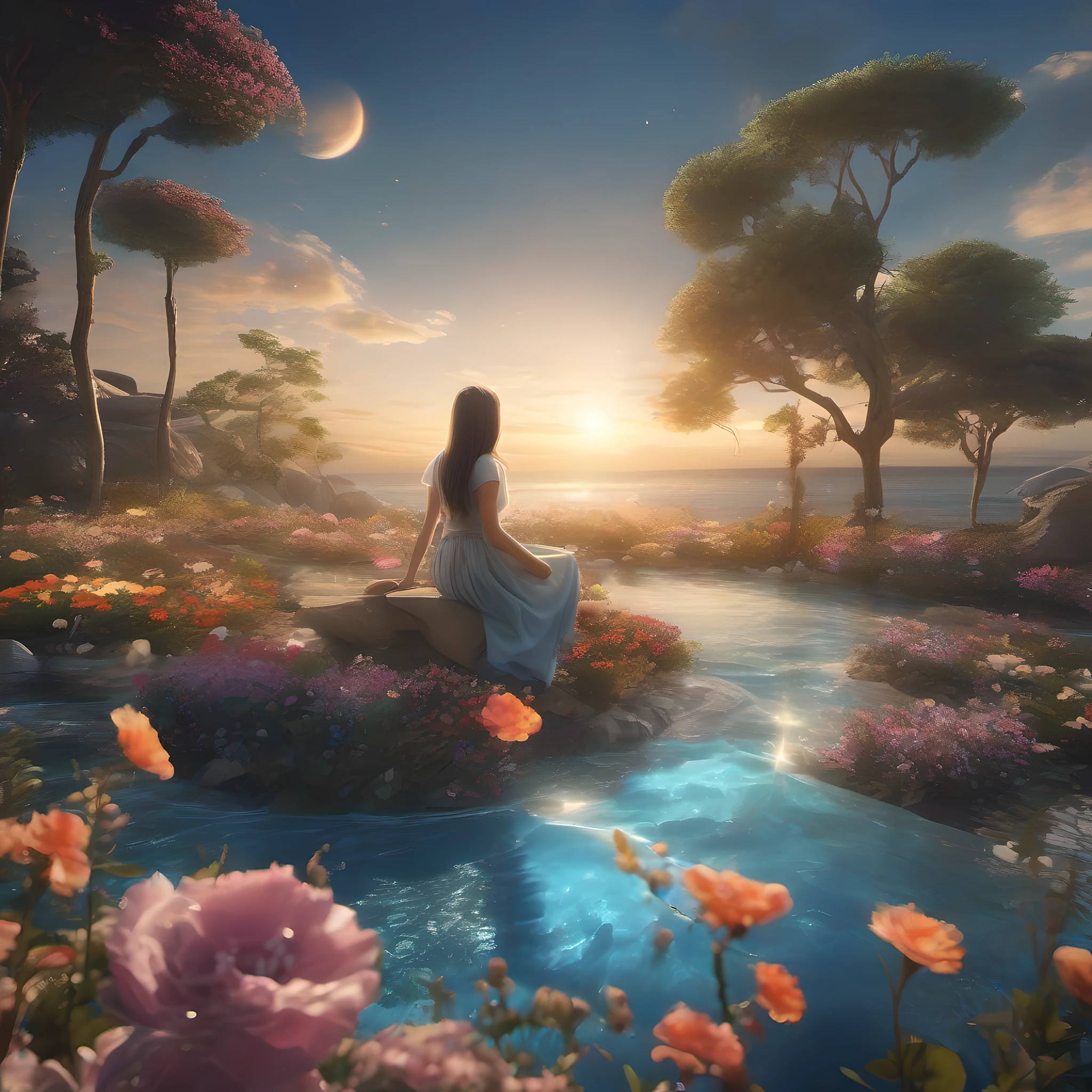 ccurate, best quality, masterpiece, UHD, high details, award winning, (Amazing:2.0), (Surrealism), Conceptual art, Verism, cinematic lighting, floating island in the sky, (((beautiful flower garden))), Horizon, blue sky, paradise scenery, flowers, wind flow, (((fantasy))), frontier, (magnificent space), blurry foreground, bokeh, Hasselblad, lens flare, beautiful school girl, (17 yr old), ((((full body)))), from behind, she moving, without looking at me, (((wearing school uniform))), black eyes, black hair, (floating hair), ((8 life size)), detailed hairstyles, detailed bodyline, anatomically correct, cute face, ((accurately portray her)),