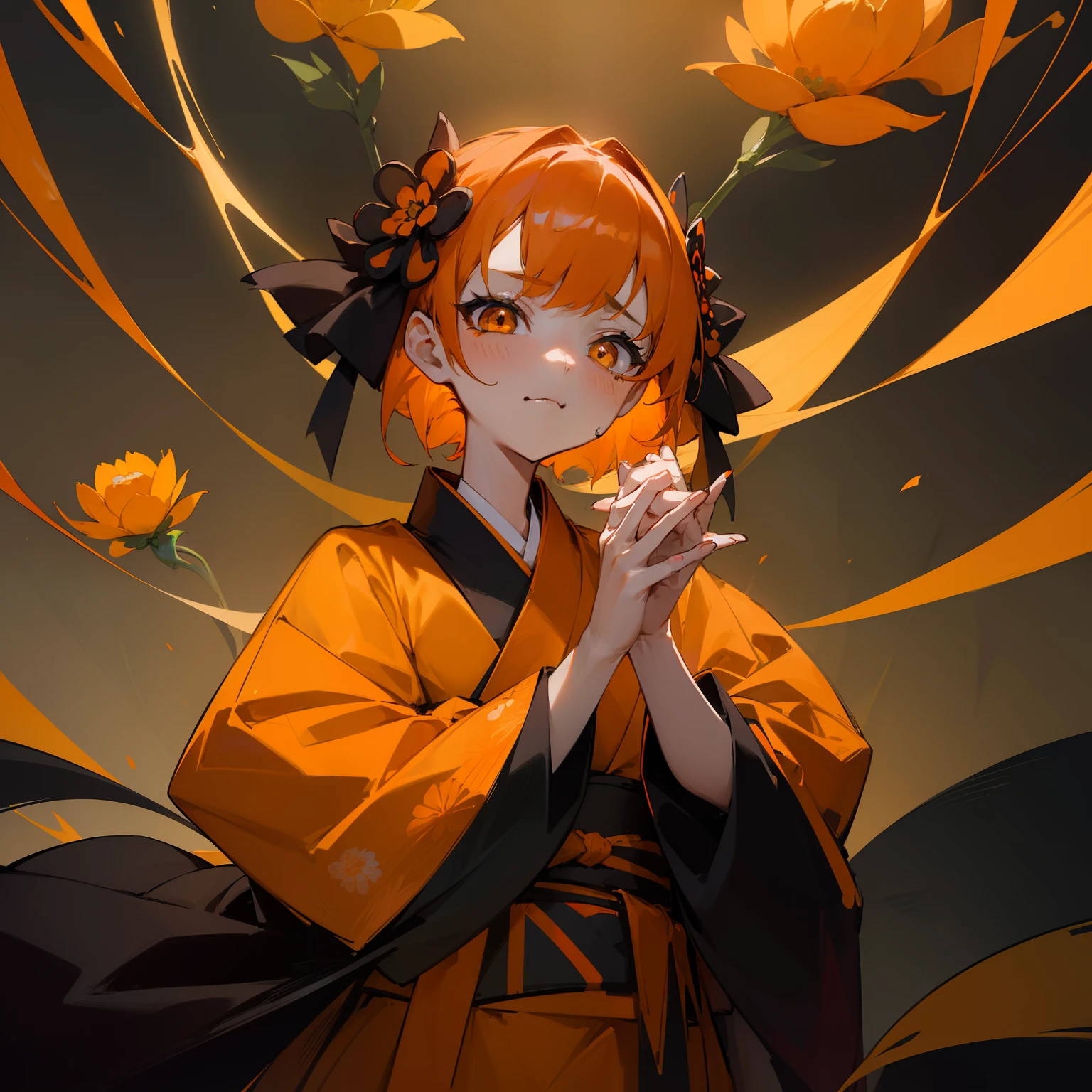 (Beautifully Aesthetic:1.2)、(1girl in:1.3)、(Black and orange colorful hair:1.2)、Orange and black kimono、Fantastical、wretched、Orange and yellow marigolds are blooming、natta、Sad face、
