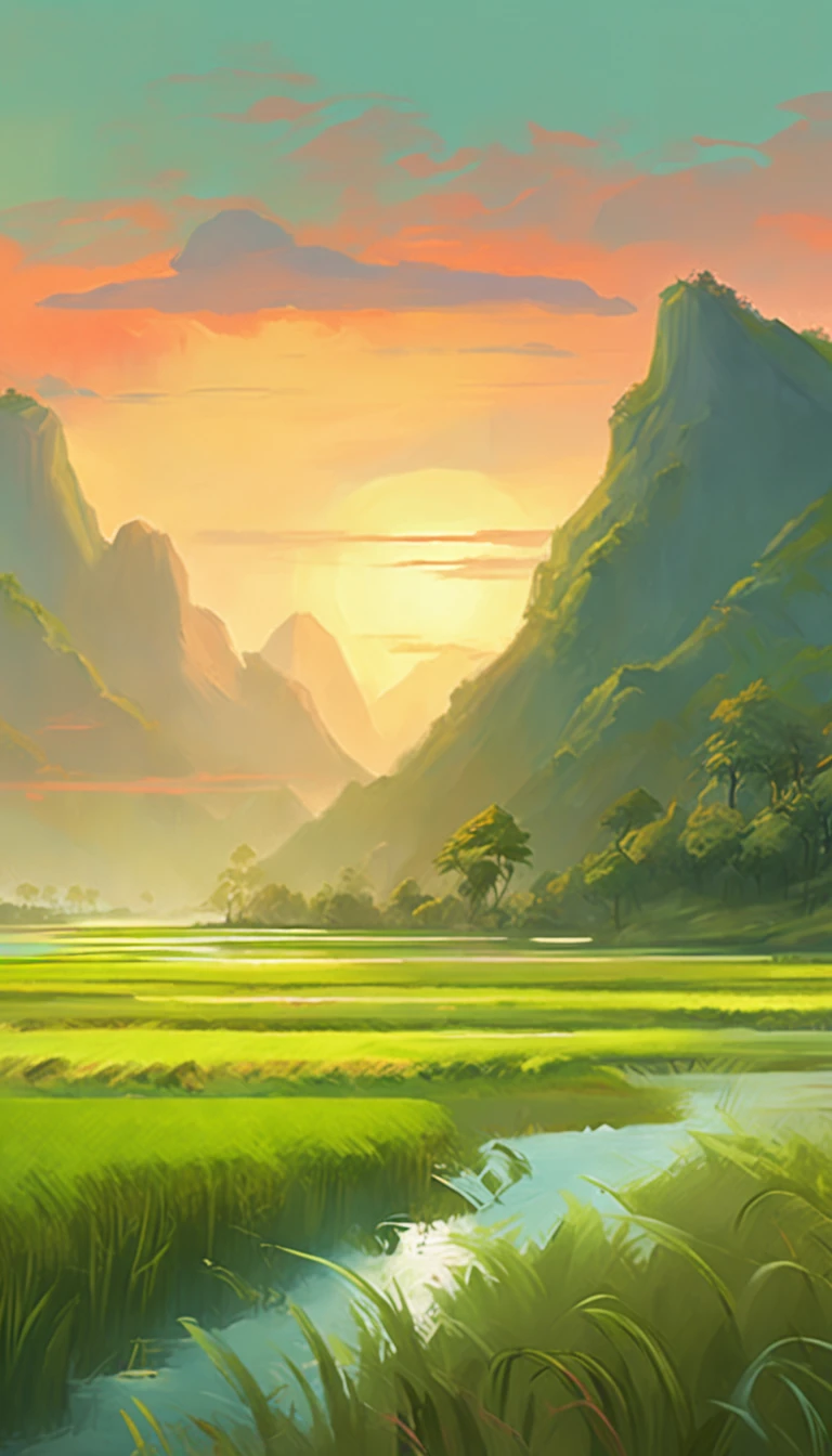 green rice field with mountain background, sunset, colorful, matte painting, digital illustration, very vibrant colors, soft lighting, adventurous, atmospheric lighting, 8K, octane render. By Makoto Shinkai, Stanley Artgerm Lau, WLOP, Rossdraws, James Jean, Andrei Riabovitchev, Marc Simonetti, krenz cushart, Sakimichan, D&D trending on ArtStation, digital  rice field with mountain background, sunset, a village below, houses, pylons, autocad, concept art, digital art