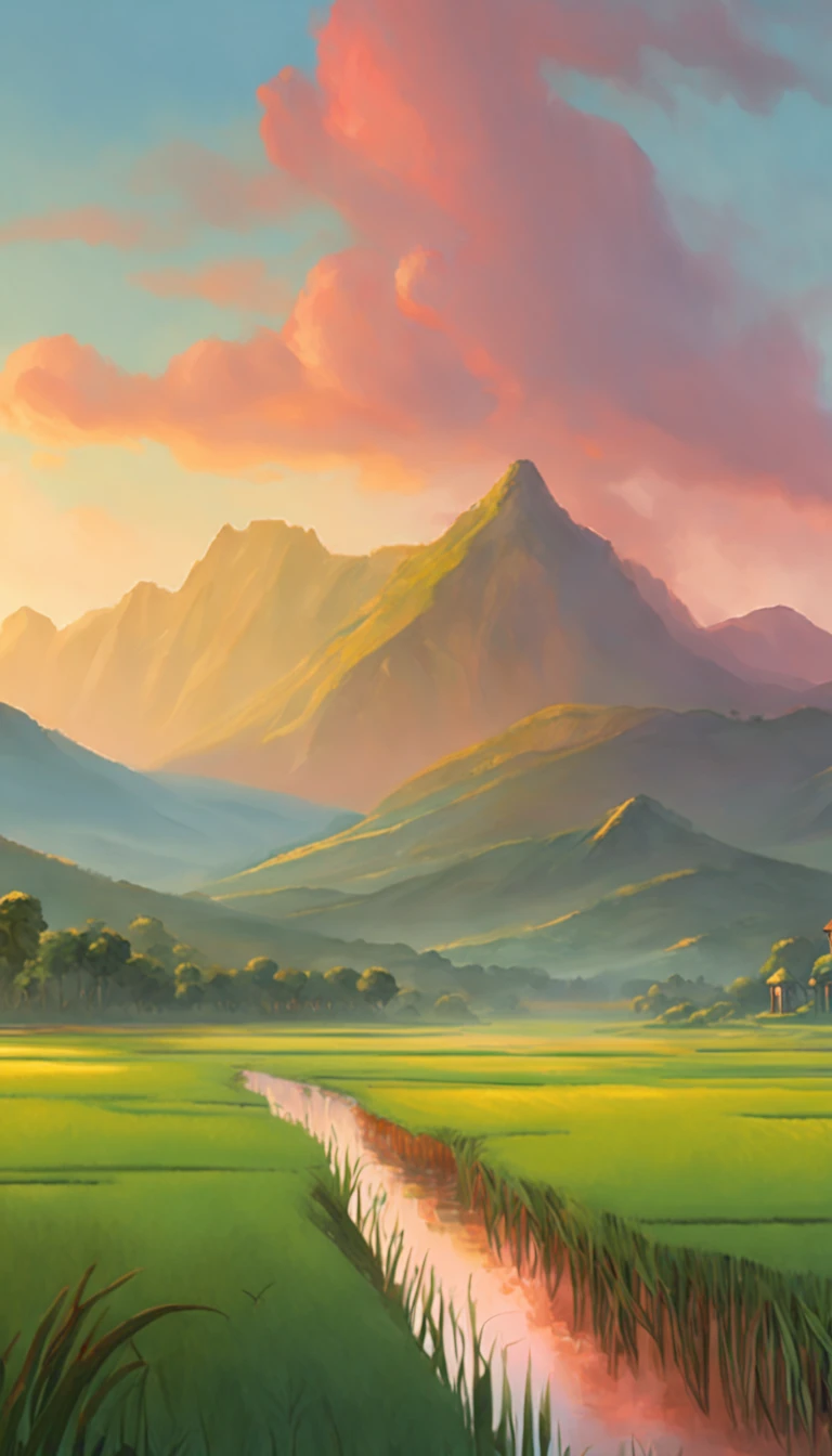 green rice field with mountain background, sunset, colorful, matte painting, digital illustration, very vibrant colors, soft lighting, adventurous, atmospheric lighting, 8K, octane render. By Makoto Shinkai, Stanley Artgerm Lau, WLOP, Rossdraws, James Jean, Andrei Riabovitchev, Marc Simonetti, krenz cushart, Sakimichan, D&D trending on ArtStation, digital  rice field with mountain background, sunset, a village below, houses, pylons, autocad, concept art, digital art