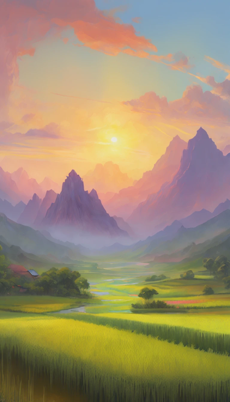 green rice field with mountain background, sunset, colorful, matte painting, digital illustration, very vibrant colors, soft lighting, adventurous, atmospheric lighting, 8K, octane render. By Makoto Shinkai, Stanley Artgerm Lau, WLOP, Rossdraws, James Jean, Andrei Riabovitchev, Marc Simonetti, krenz cushart, Sakimichan, D&D trending on ArtStation, digital rice field with mountain background, sunset, a village below, houses, pylons, autocad, concept art, digital art