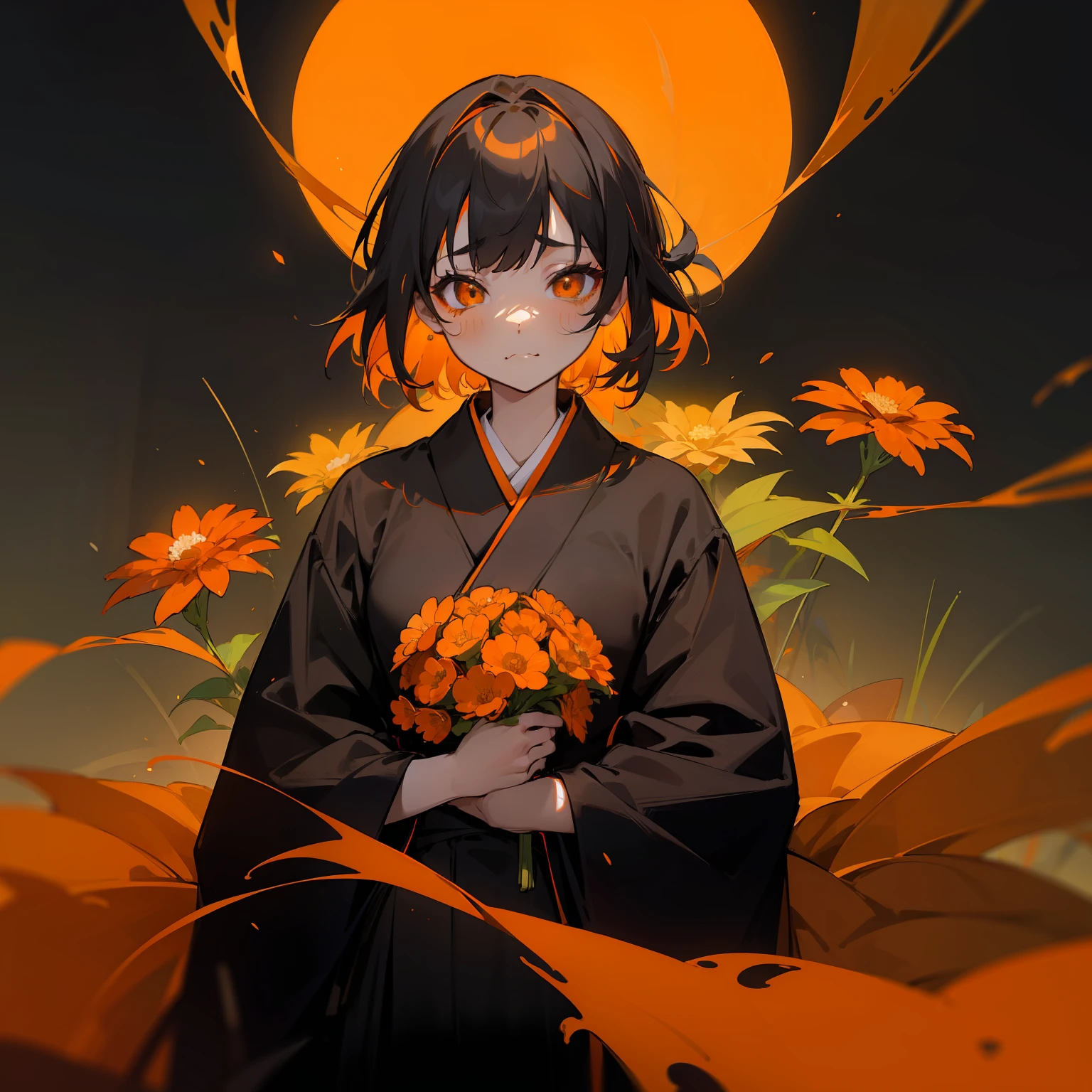 (Beautifully Aesthetic:1.2)、(1girl in:1.3)、(Black and orange colorful hair:1.2)、Orange and black kimono、Fantastical、wretched、Orange and yellow marigolds are blooming、natta、Sad face、